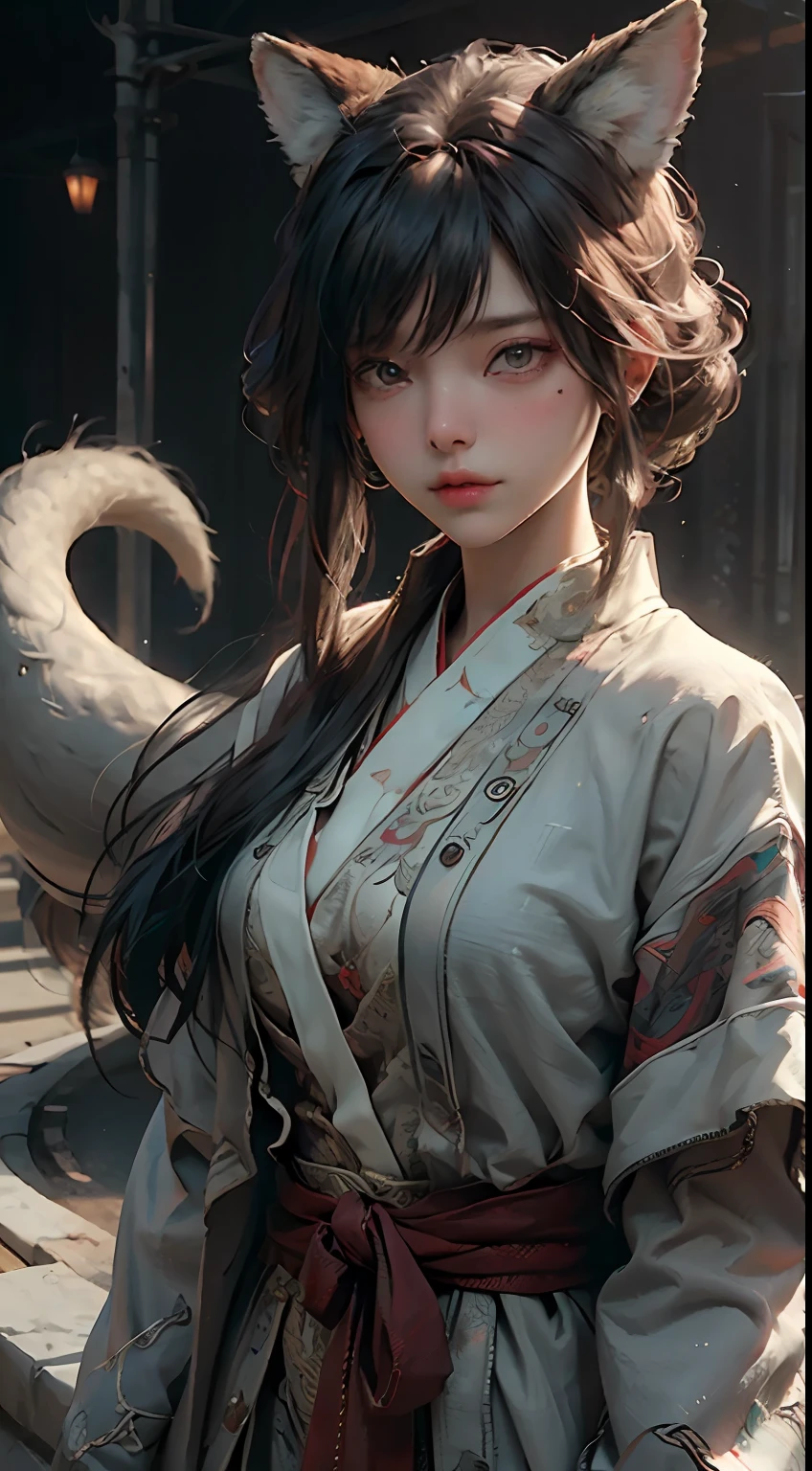 (Best Quality), ((Masterpiece)), (Detail: 1.4), 3D, Nine-Tailed Fox, Delicate Fox Ears, HDR (High Dynamic Range), Ray Tracing, NVIDIA RTX, Super-Resolution, Unreal 5, Subsurface Scattering, PBR Texture, Post-processing, Anisotropic Filtering, Depth of Field, Maximum Clarity and Clarity, Characters' Clothing and Facial Expressions are all very detailed and show detailed depiction. The expression is very feminine and gives people a breathtaking feeling. Multi-layer textures, albedo and specular mapping, surface shading, accurate simulation of light-material interactions, perfect proportions, Octane Render, two-color light, large aperture, low ISO, white balance, rule of thirds, 8K RAW,