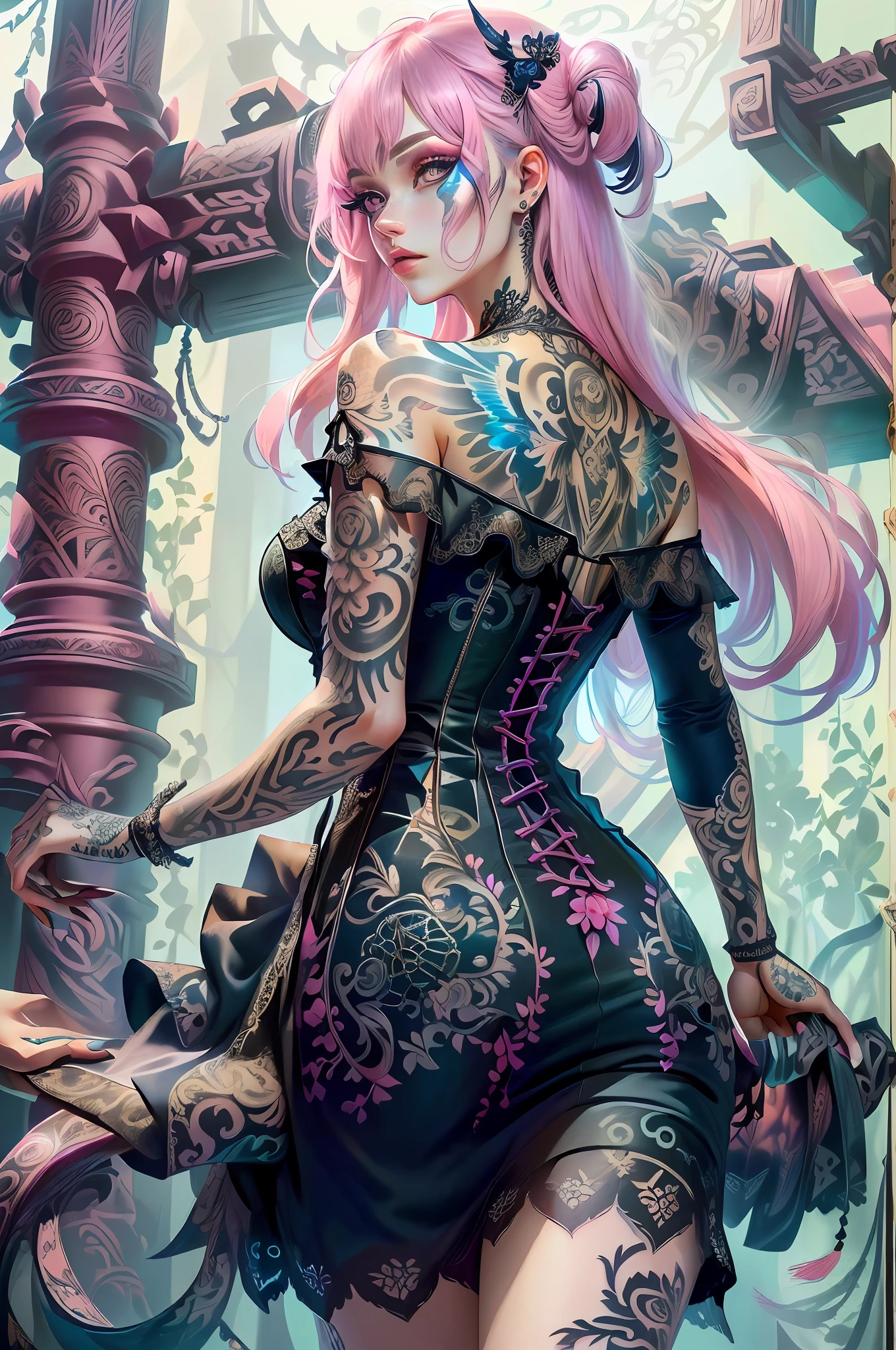 complex details beautiful and delicate eyes, PastelGothAI dress, PastelGothAI background, off-the-shoulder, tattoo, irezumi, Ultra-realistic 8K CG, masterpiece, ((ultra-detailed background, delicate pattern, intricate details)), best quality, intricate details, 1girl, solo, long hair, messy hair, from behind