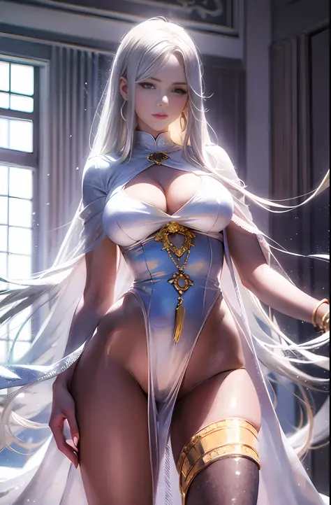 Master anime work, impeccable masterpiece, a sexy mature modern woman in cool sexy modern clothes standing on a pure white background, flowing silver hair, full body standing posture, slender legs, straight breasts, detailed face details, natural and beaut...