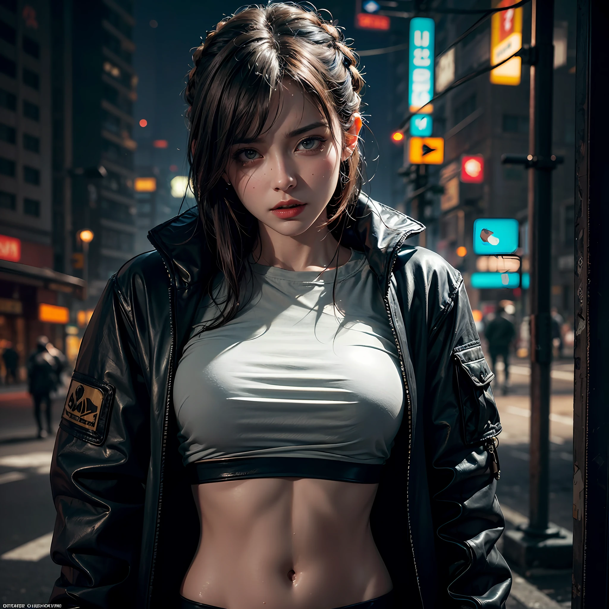 Athletic sexy princess, street angry, cyberpunk, epic realistic, photo, faded, complex stuff around, intricate background, soaking wet, neutral colors, ((((hdr)))), ((((muted colors)))), intricate scene, artstation, intricate details, vignette