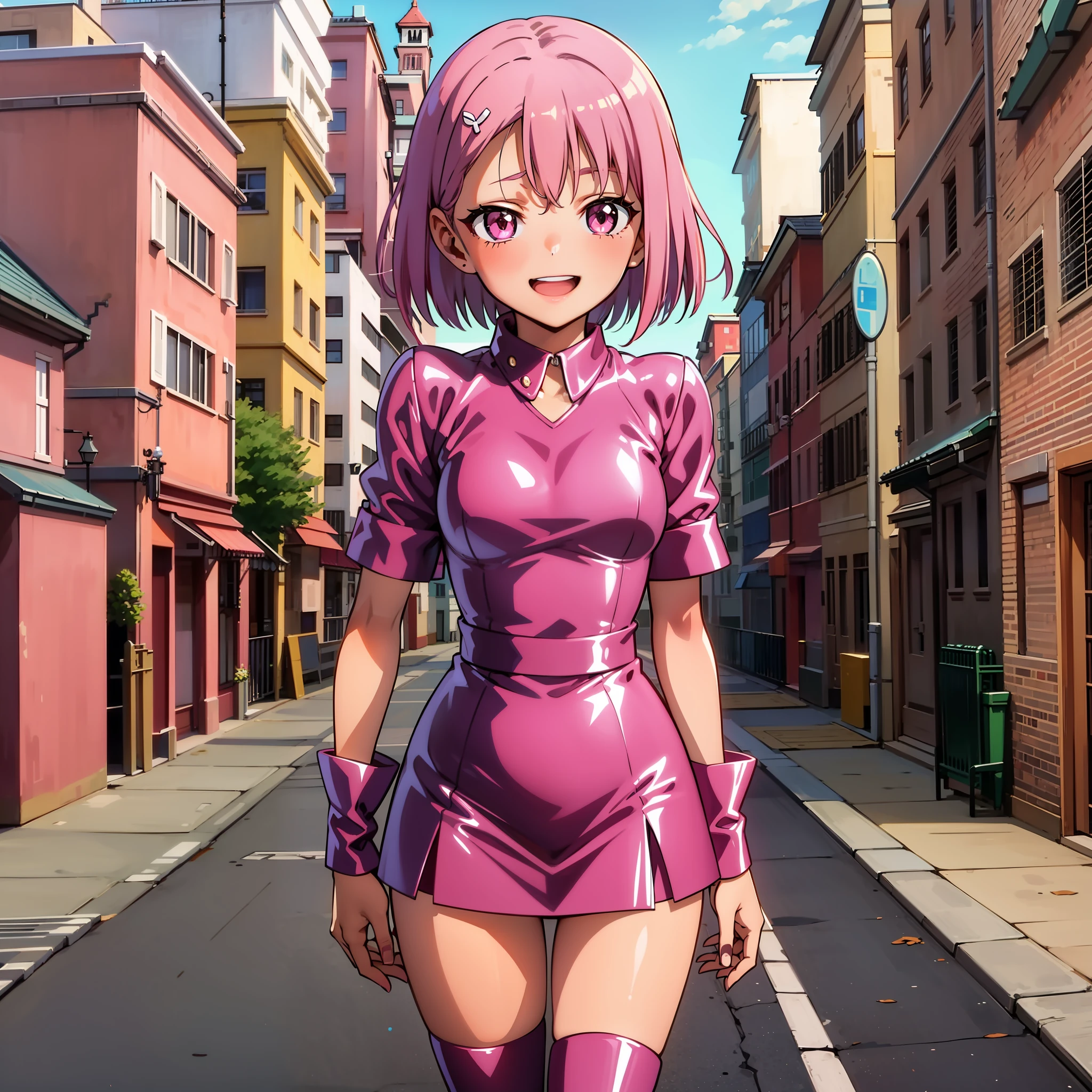 1 girl, Happy, Loli, pink hair, (pink latex clothes), short latex dress, standing, small waist