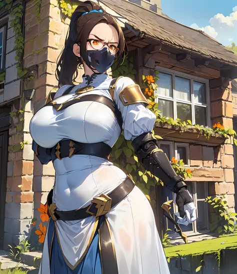 ((huge tits)),big ass,((wide hips)),((white skin)),(((long brown hair with ponytail)),((orange eyes)),((glasses)),((thicc milf))...