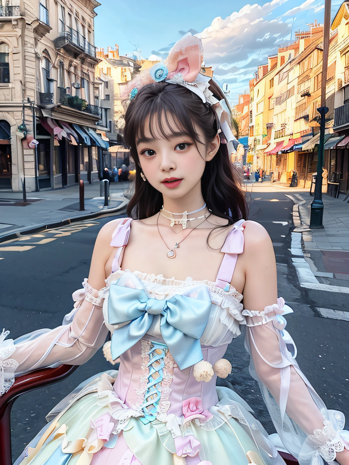 (photorealistic:1.4), official art, unity 8k wallpaper, ultra detailed, beautiful and aesthetic, masterpiece, best quality, glowing skin, dynamic angle, light smile, white dress, amusement park, 
 sweet_lolita:1.3,  sweet_lolita,