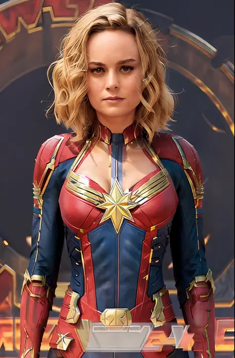 brie larson, medium hair, full body portrait, wearing captain marvel outfit, sexy, cleavage, breasts showing