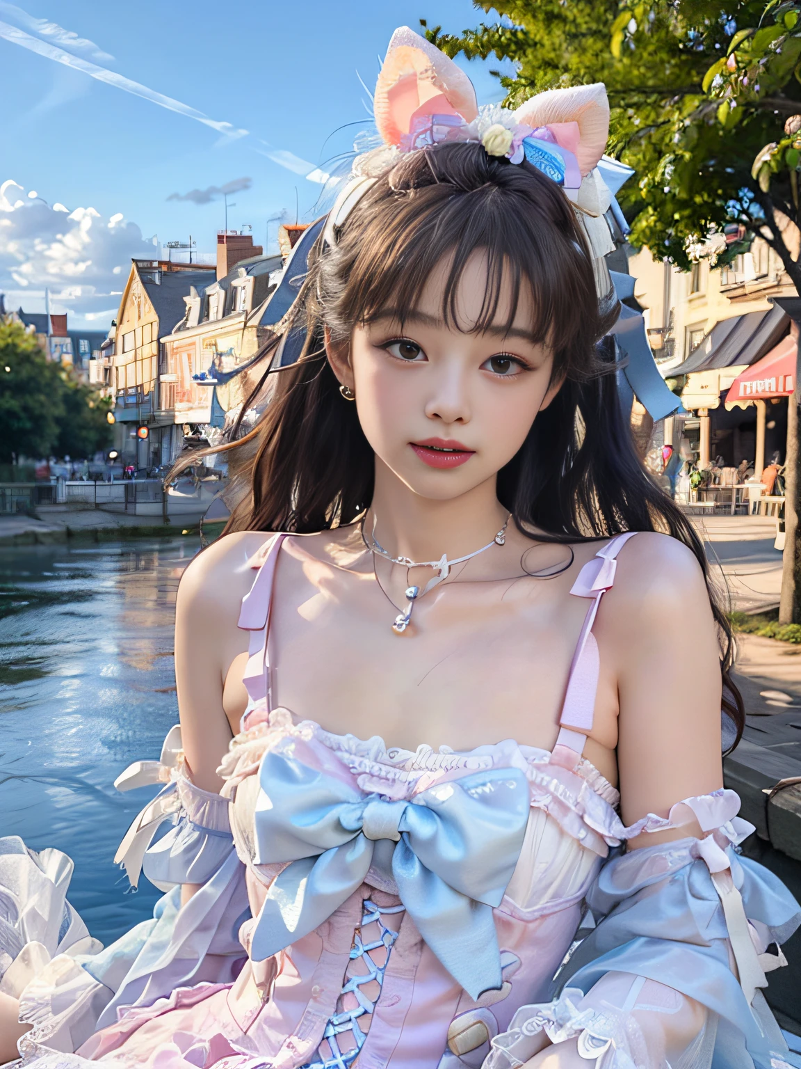 (photorealistic:1.4), official art, unity 8k wallpaper, ultra detailed, beautiful and aesthetic, masterpiece, best quality, glowing skin, dynamic angle, light smile, white dress, amusement park, 
 sweet_lolita:1.3,  sweet_lolita,
