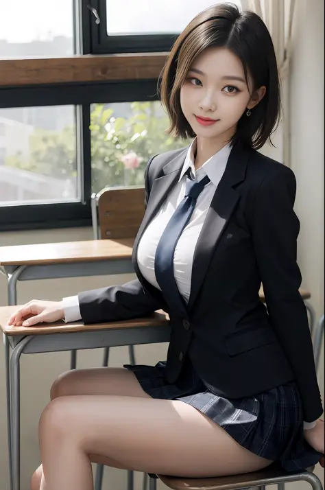 8K RAW photo, high resolution, 21 year old cool Korean, big round breasts, school uniform, tie, tie ribbon, blazer, skirt, beaut...