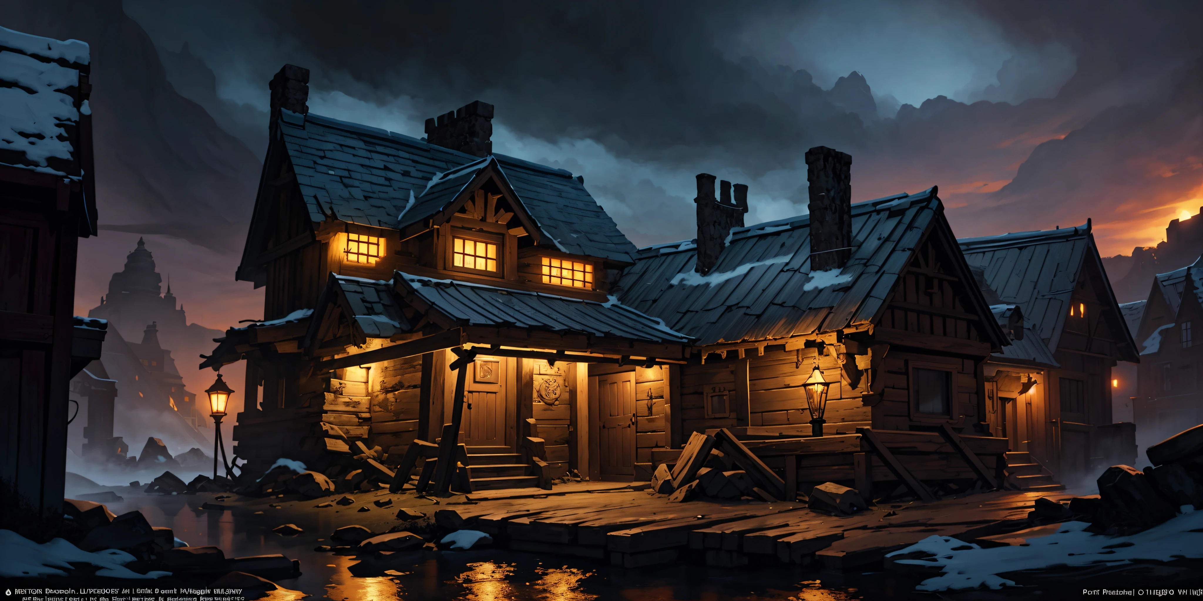 masterpiece, best quality, 8k, artstation, wallpaper, official art, splash art, sharp focus, dark fantasy landscape. old, dilapidated fantasy tavern. nighttime, torchlight. highly detailed, 8k, rim lighting, two tone lighting, dimly lit, low key