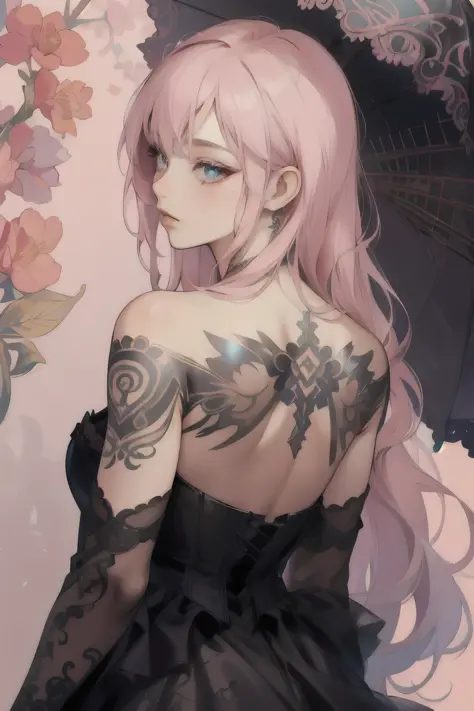 complex details beautiful and delicate eyes, pastelgothai dress, pastelgothai background, off-the-shoulder, tattoo, irezumi, ult...