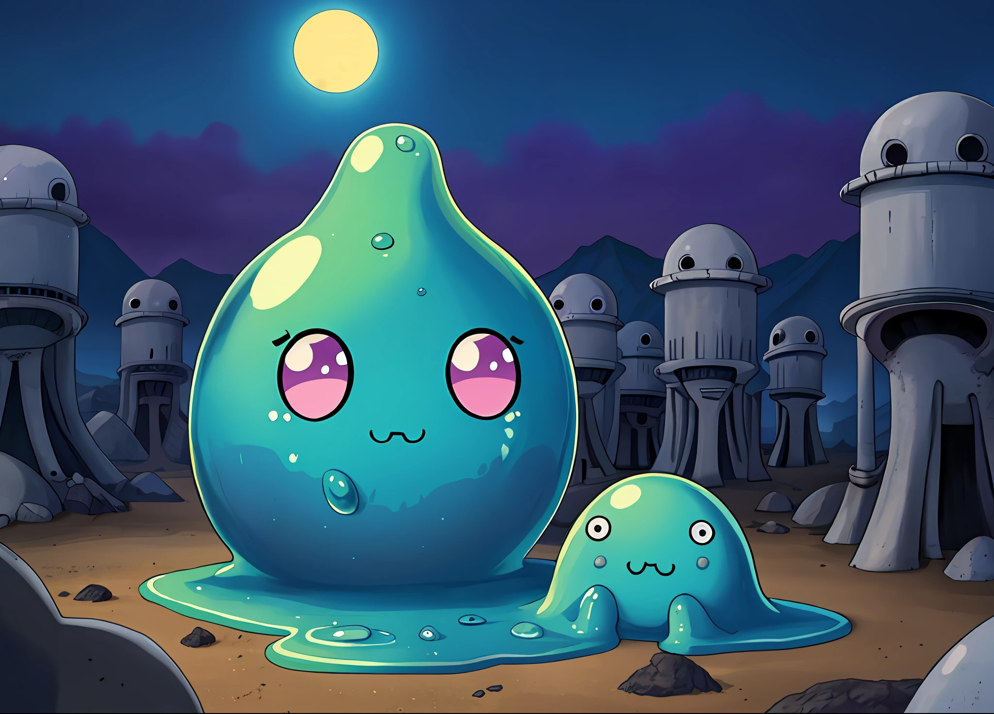 kawaii slime in an alien landscape by HR Giger