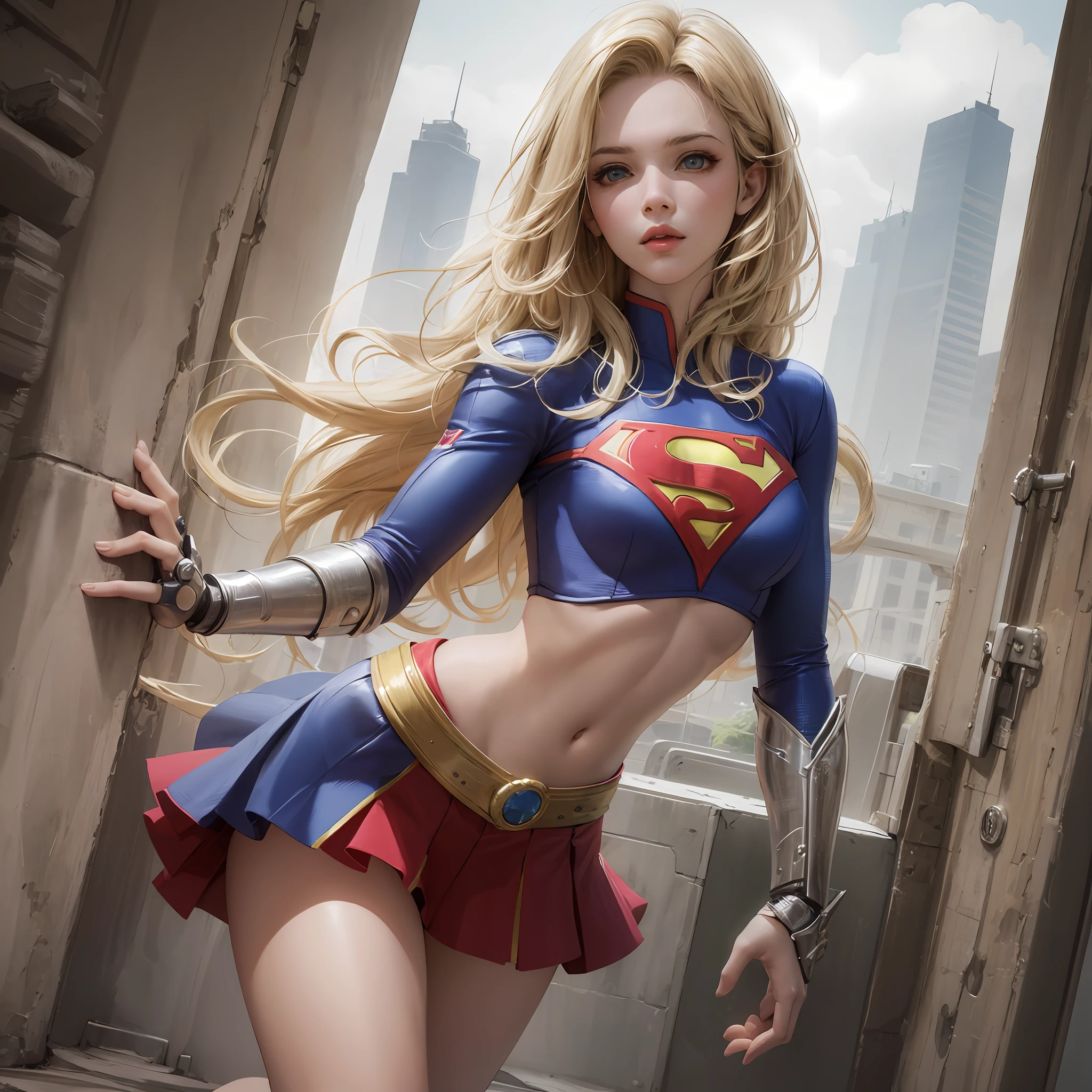 (8k, Supergirl's masterpiece best quality), ultra detail, beautiful thin blue eyes with beautiful details, exquisite face detailed, high quality, high resolution, beautiful hairstyle, realistic eyes, beautiful blue eyes detailed, blonde with long hair (realistic skin), facing the audience, girl wearing sexy low-cut costume, with superman letter S, medium breasts, short skirt, lock,  ruins, unique, empty eyes, expressionless, blonde hair, short, mechanical prosthetics, thick legs, sexy, unreal 5, Full-shot Angle, sexy. --auto --s2