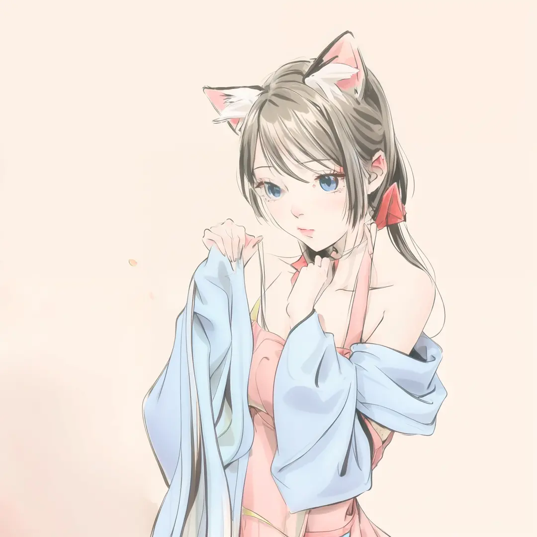 "Crisp, anime-style artwork featuring a girl with cat ears and a cat tail in a poised and contemplative pose. Striking black hai...