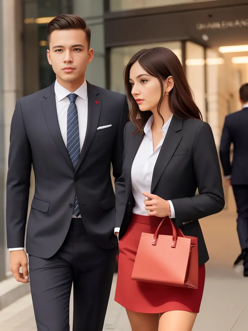 araffe dressed man and woman walking down a street together, corporate portait, wearing business suit, wearing a business suit, corporate style, wearing a black and red suit, business clothes, wearing a suits, by Emma Andijewska, advertising photo, full co...