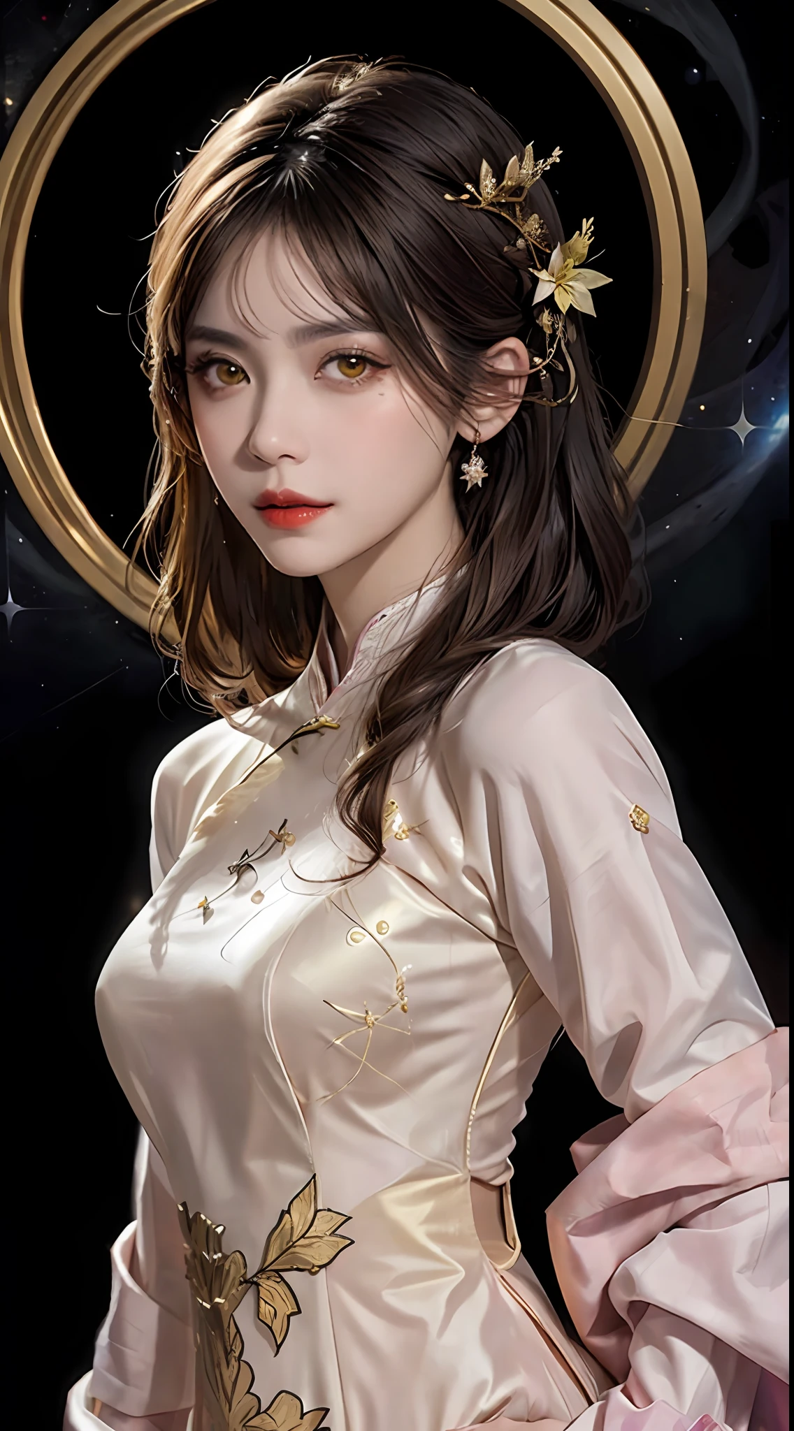 1 27세 소녀, 1 황도 십이궁 goddess from the future, goddess of the pink and purple 12 황도 십이궁s, the goddess of the 황도 십이궁 in a yellow ao dai, a 12 황도 십이궁 ao dai with many black lace detail, mythology Goddess of the 12 황도 십이궁s from the future, 황도 십이궁 ♏, luxurious glittering 황도 십이궁 style, 어둡고 신비로운 버전, 황도 십이궁 crown, 립스틱 입술 빨간색, 얇고 아름다운 입술, 입 다물고, Karol Bak과 Pino Daeni가 만든 캐릭터, 복잡한 디테일, 자세한 배경, 매우 상세한, 가벼운 마법, 여자, 맑은 얼굴, 앞머리가 있는 긴 머리, 세세한 부분까지 아름다운 얼굴과 균형잡힌 눈, (투명한 노란 눈: 1.8), 큰 동그란 눈과 정말 아름답고 섬세한 메이크업, 선견, 실크 드레스, 신비한 메이크업 , 더블뱅과 밝은 금발로 염색 , 상반신 초상화, 황도 십이궁 goddess portrait, 느슨하게 늘어진 팔, 현실적이고 생생한 사진, (stars make up the 황도 십이궁: 1.7), (sky background 황도 십이궁 and fictitious space and time portal: 1.8), 소설 예술, 원시 사진, 한푸 그림, 최고의 사진, 최고의 사진 quality, 8K 품질, 8K 울트라, 매우 현실적, 실제 사진 가장 경제적, 여신이 섹시하고 매혹적인 포즈를 취하고 있다,