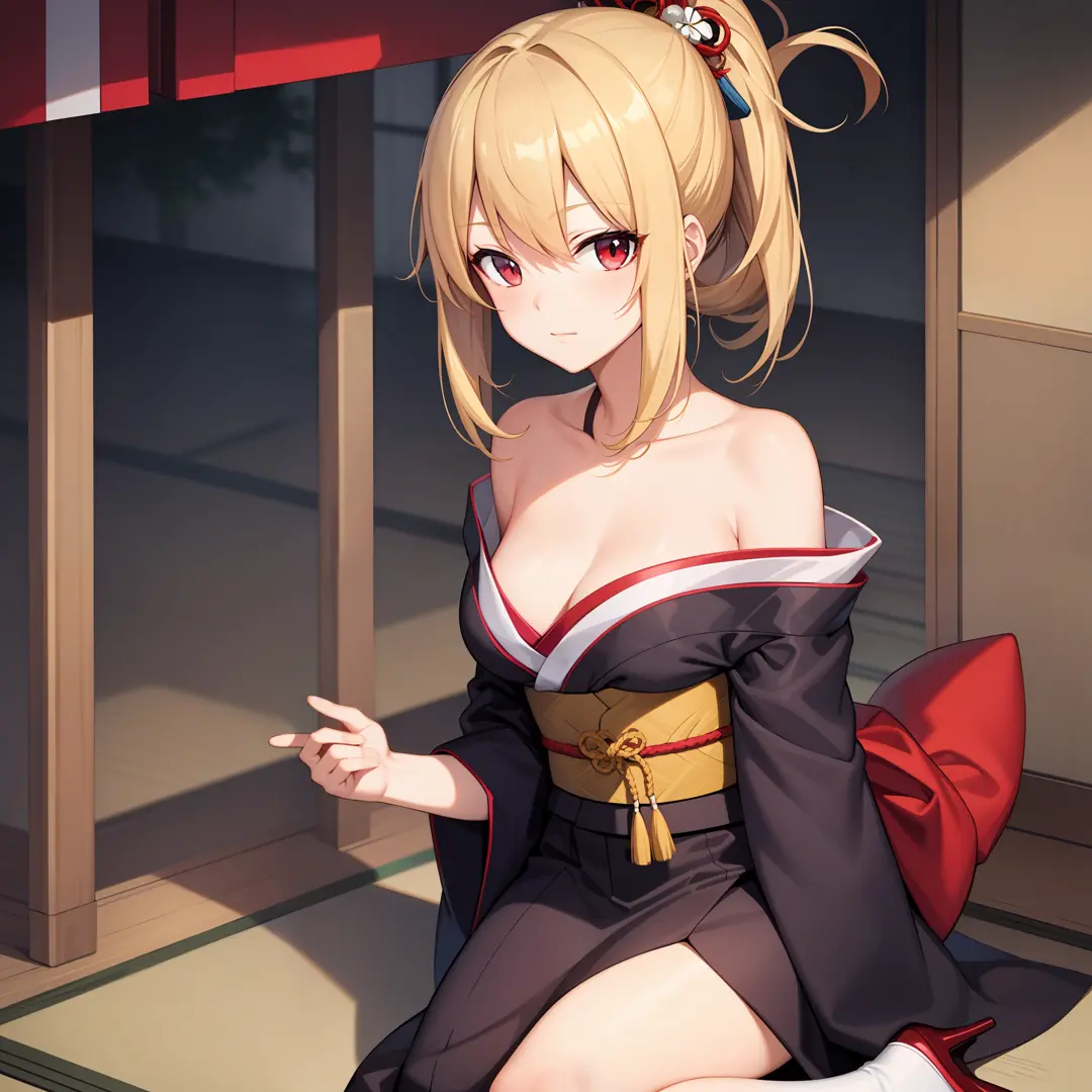 anime, blonde and red-eyed girl, beauty, kimono, off-shoulder, kyoto, solo, one, one person