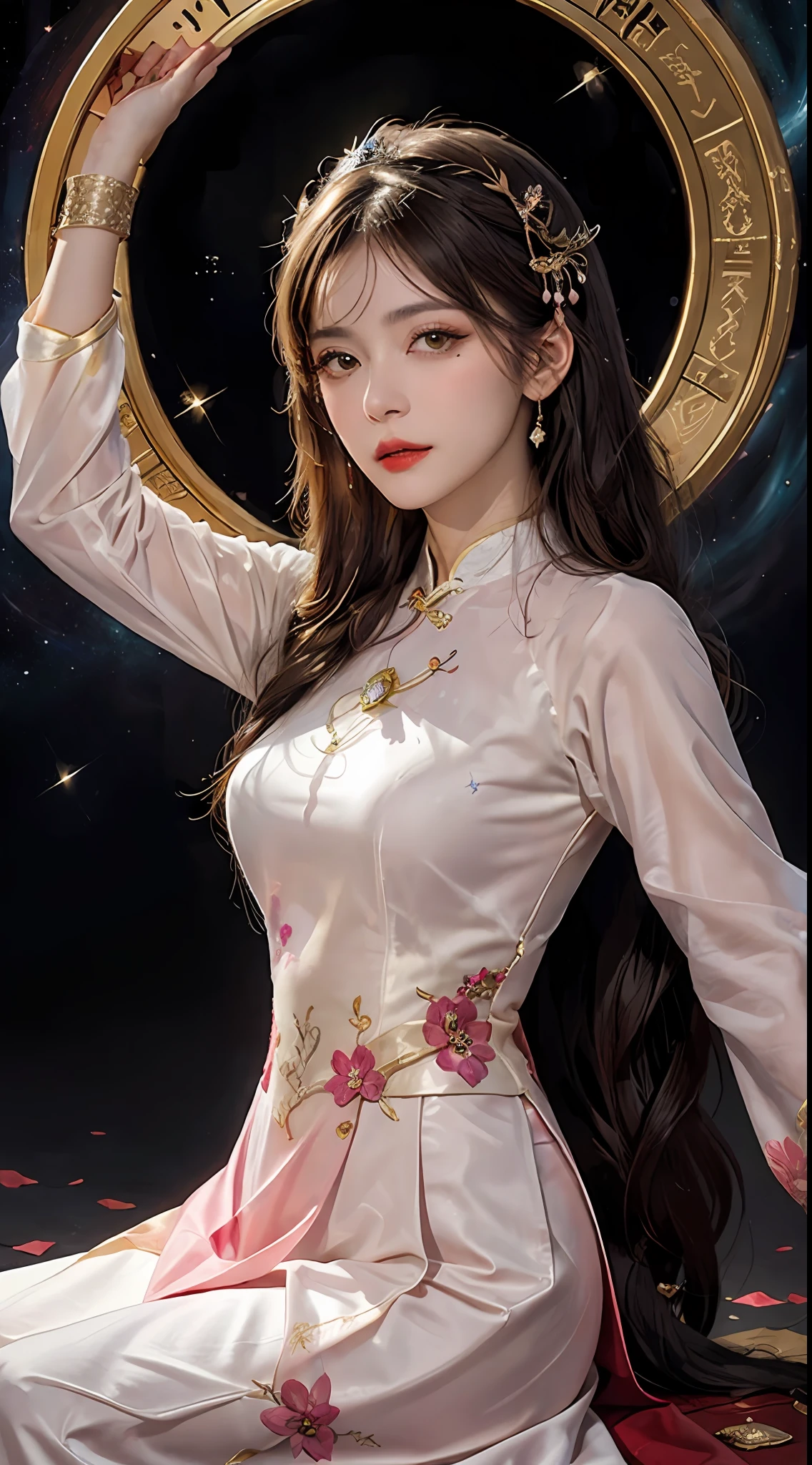 1 27-year-old girl, 1 zodiac goddess from the future, goddess of the pink and purple 12 zodiacs, the goddess of the zodiac in a yellow ao dai, a 12 zodiac ao dai with many black lace detail, mythology Goddess of the 12 zodiacs from the future, zodiac ♏, luxurious glittering zodiac style, dark and mysterious version, zodiac crown, lipstick lips red, thin and beautiful lips, mouth closed, characters made by karol bak and pino daeni, intricate detail, detailed background, extremely detailed, light magic, a woman, clear face, hair long with bangs, beautiful face in detail and well-proportioned eyes, (transparent yellow eyes: 1.8), big round eyes and very beautiful and detailed makeup, foresight, silk dress, mysterious makeup , double bangs and dyed light blonde , upper half portrait, zodiac goddess portrait, arms hanging loosely, Realistic and vivid photo, (stars make up the zodiac: 1.7), (sky background zodiac and fictitious space and time portal: 1.8), fiction art, RAW photo, hanfu picture, best photo, best photo quality, 8k quality, 8k ultra, super realistic, real photo most economical, the goddess poses sexy and seductive,