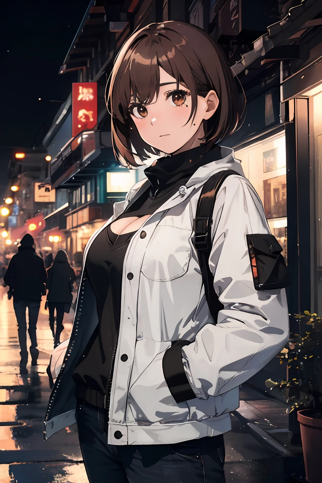 masterpiece, best quality, high contrast, professional photography, soft light, sharp focus, 1girl, hmochako, blush stickers, short hair, medium.hands in her pocket, (hands in pocket: 1.4), (Shibuya: 1.4), (night lights: 1.4), (thick body: 1.4), (short brown hair: 1.4), brown eyes, HDR (high dynamic range), ray tracing, NVIDIA RTX, super-resolution, Unreal 5, underground streaming,  PBR texturing post-processing, anisotropic filtering, depth of field, maximum clarity and sharpness, Multilayer textures, albedo and specular maps, surface shading, accurate light-material interaction simulation, octane rendering, two-color lighting, low ISO, white balance, rule of thirds, large aperture, 8K RAW, effective subpixel subpixel, subpixel convolution (luminescent particles: 1.4), {{masterpiece, better quality, highly detailed CG,  Unity 8k wallpaper, 3D, cinematic lighting, lens flare}}, beautiful brown eyes, cleavage, big breasts, sweating, blushing, heavy breathing,