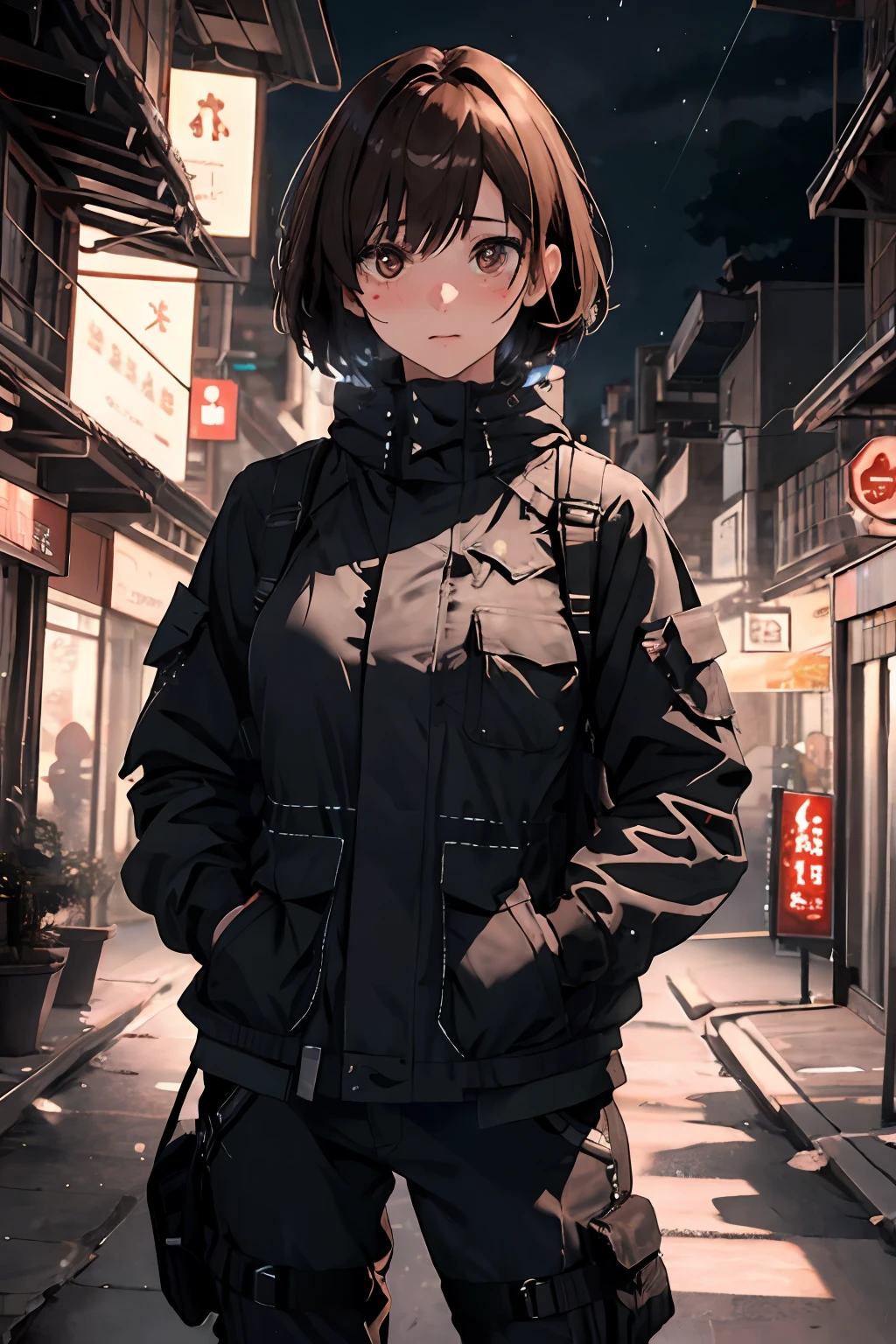 masterpiece, best quality, high contrast, professional photography, soft light, sharp focus, 1girl, hmochako, blush stickers, short hair, medium.hands in her pocket, (hands in pocket: 1.4), (Shibuya: 1.4), (night lights: 1.4), (thick body: 1.4), (short brown hair: 1.4), brown eyes, HDR (high dynamic range), ray tracing, NVIDIA RTX, super-resolution, Unreal 5, underground streaming,  PBR texturing post-processing, anisotropic filtering, depth of field, maximum clarity and sharpness, Multilayer textures, albedo and specular maps, surface shading, accurate light-material interaction simulation, octane rendering, two-color lighting, low ISO, white balance, rule of thirds, large aperture, 8K RAW, effective subpixel subpixel, subpixel convolution (luminescent particles: 1.4), {{masterpiece, better quality, highly detailed CG,  Unity 8k wallpaper, 3D, cinematic lighting, lens flare}}, beautiful brown eyes, cleavage, big breasts, sweating, blushing, heavy breathing,