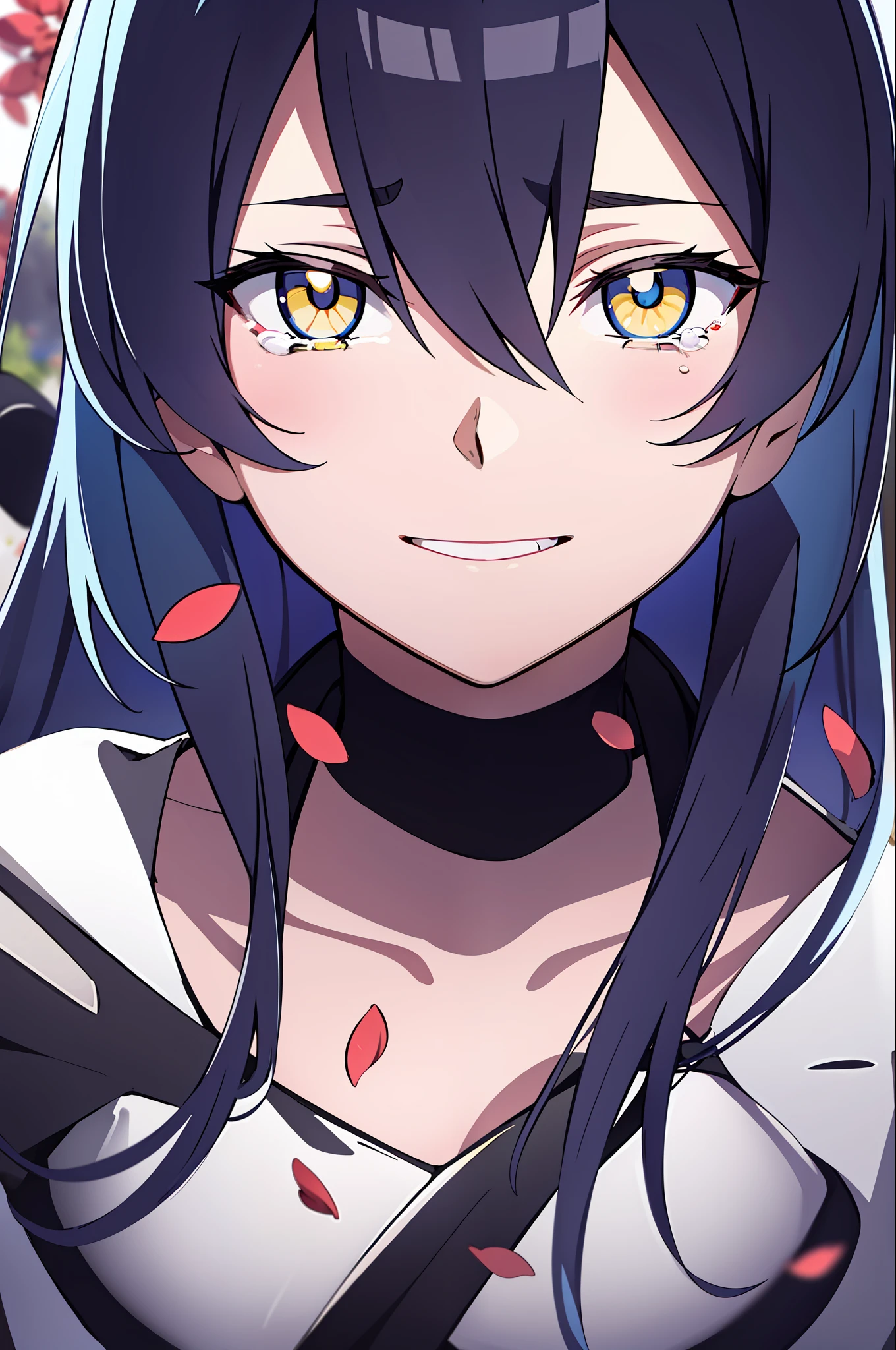 (masterpiece), (best quality),highres, ultra detailed, professional lighting, black hair, yellow eyes, bunny outfit, front view, tearful eyes, smile, tilted head, eyes focused on viewer, falling petals, upper body, shaded eyes, esdeath