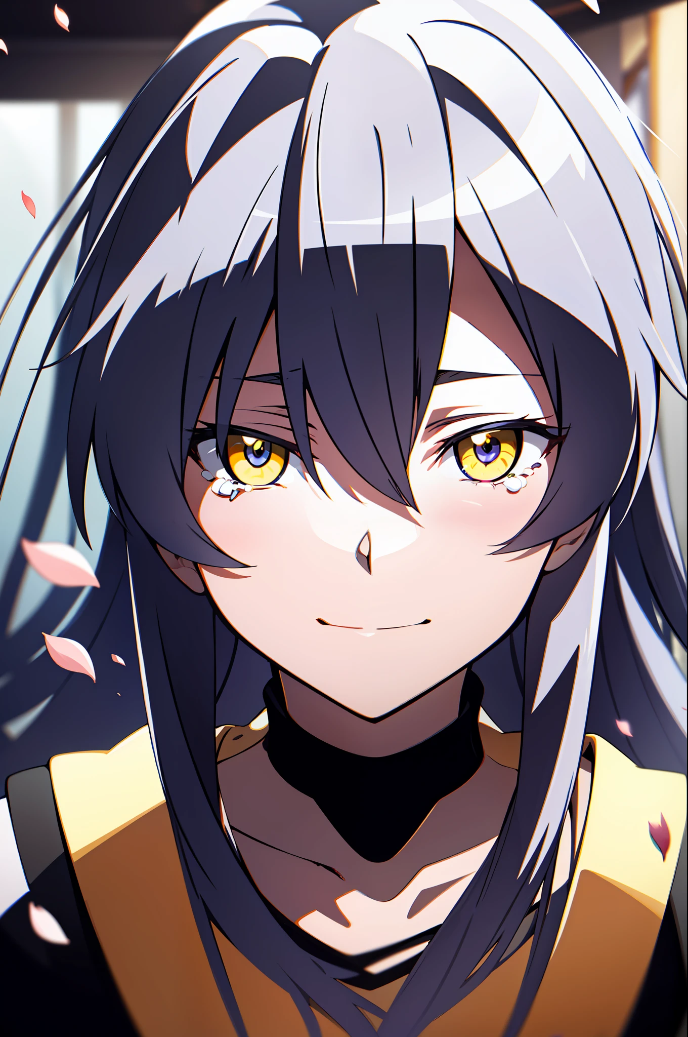 (masterpiece), (best quality),highres, ultra detailed, professional lighting, black hair, yellow eyes, bunny outfit, front view, tearful eyes, smile, tilted head, eyes focused on viewer, falling petals, upper body, shaded eyes, esdeath