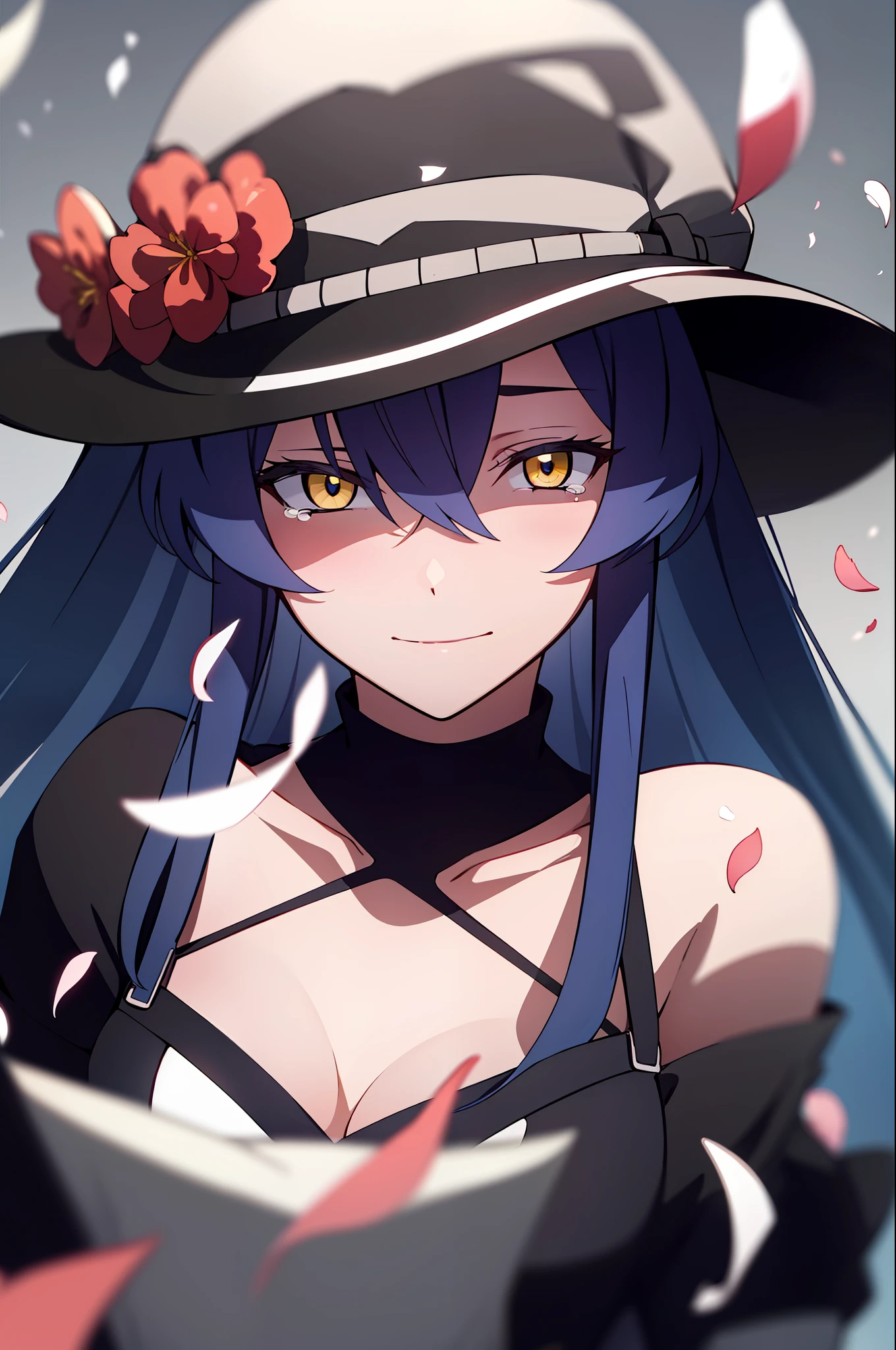 (masterpiece), (best quality),highres, ultra detailed, professional lighting, black hair, yellow eyes, bunny outfit, front view, tearful eyes, smile, tilted head, eyes focused on viewer, falling petals, upper body, shaded eyes, esdeath