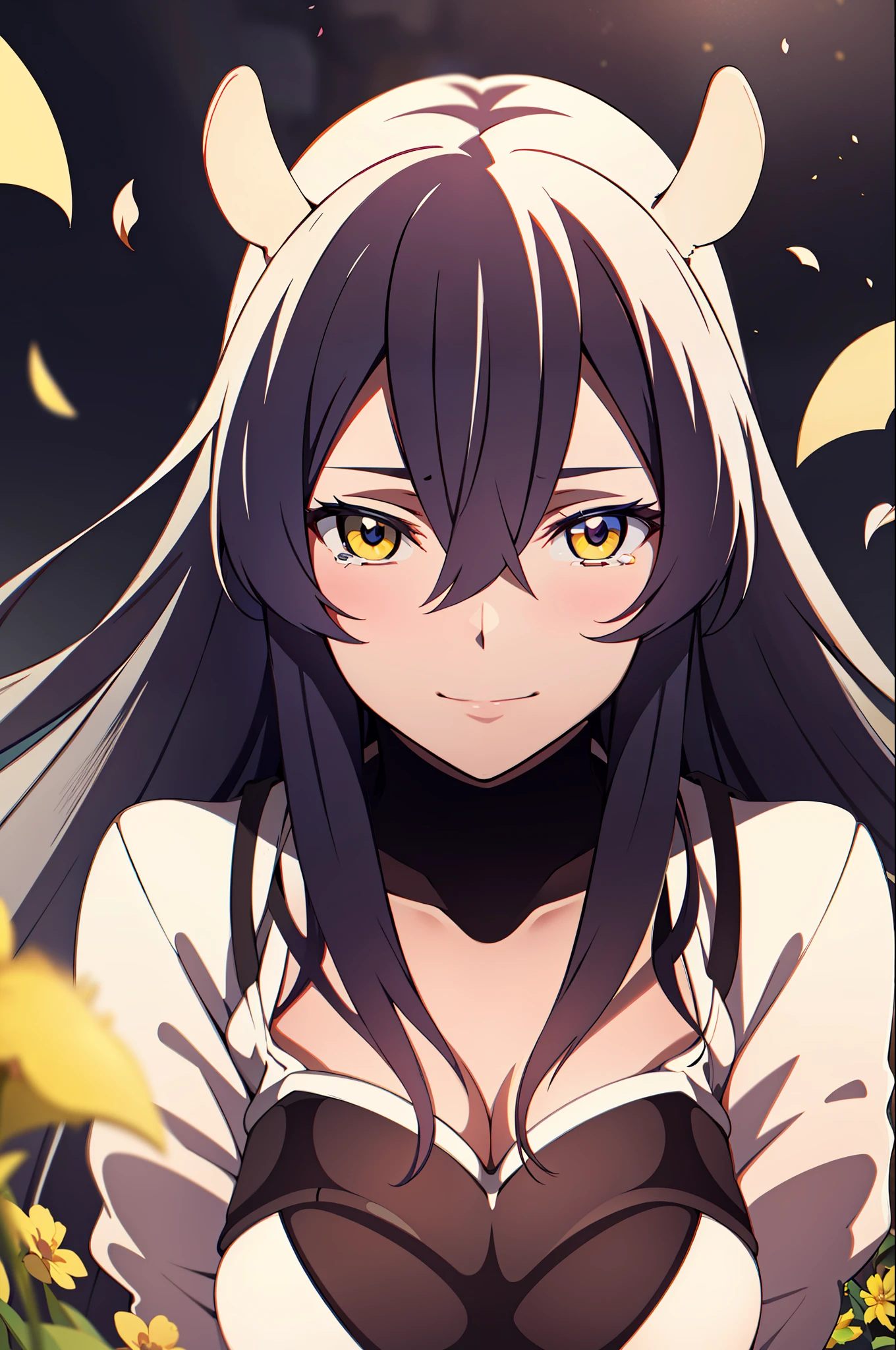 (masterpiece), (best quality),highres, ultra detailed, professional lighting, black hair, yellow eyes, bunny outfit, front view, tearful eyes, smile, tilted head, eyes focused on viewer, falling petals, upper body, shaded eyes, esdeath