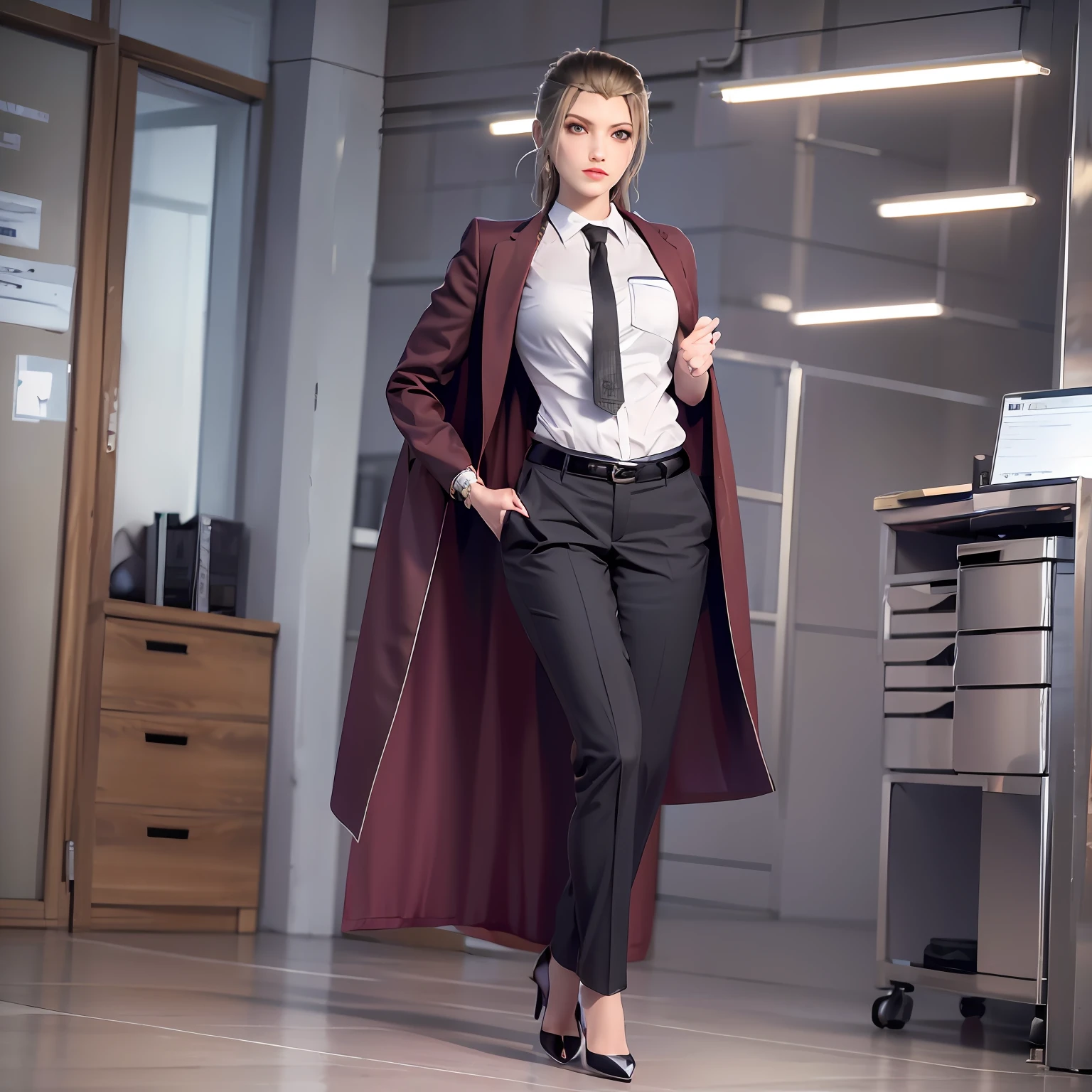 Casual pose, black stockings, shirt, women's suit, OL, black silk, black high heels, workplace high heels, black trousers, short hair, workplace trousers, office, secretary, black suit, women's suit, women's suit, white collar, pocket, black silk