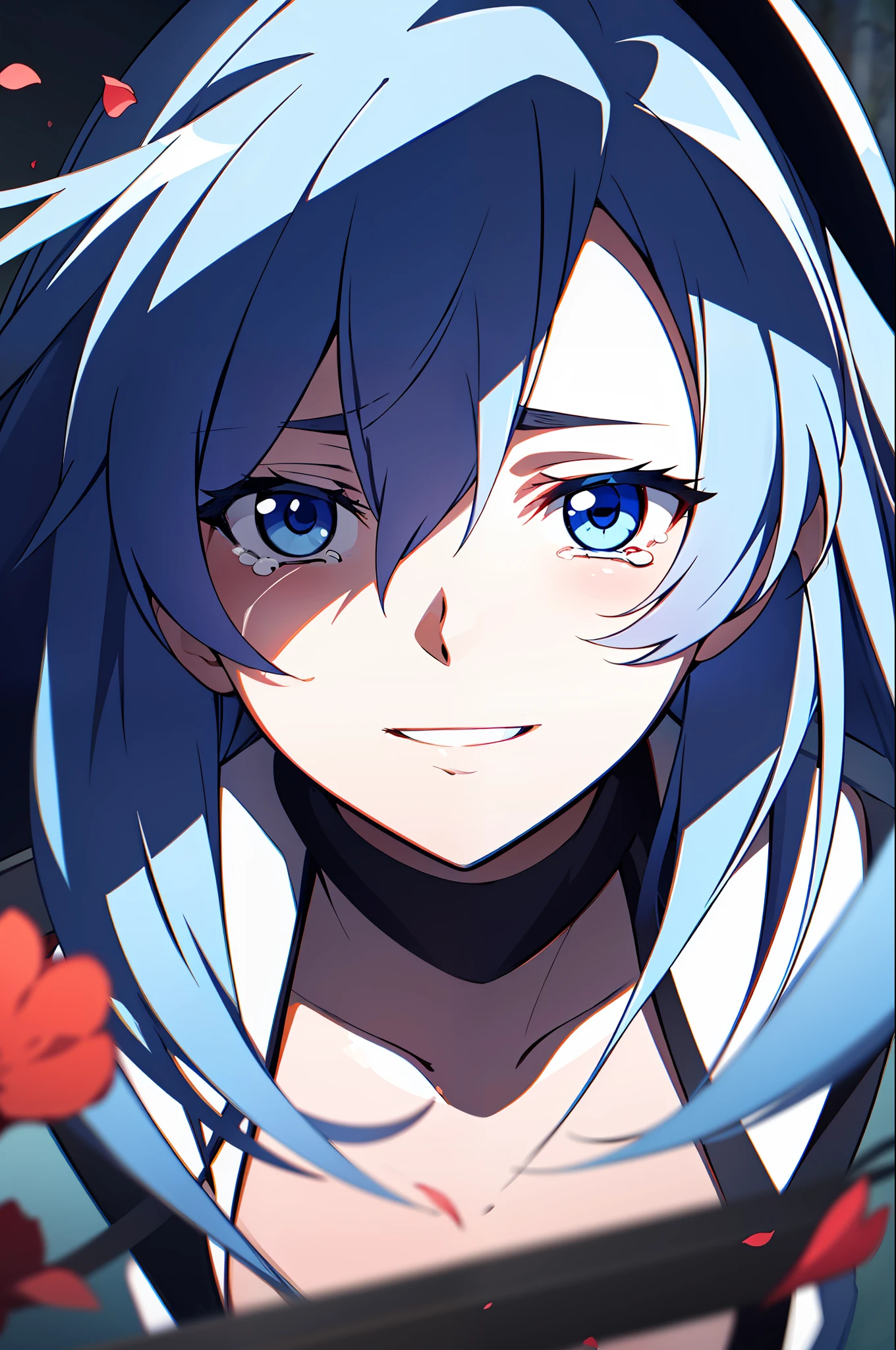 (masterpiece), (best quality),highres, ultra detailed, professional lighting, dark blue hair, light blue eyes, bunny outfit, front view, tearful eyes, smile, tilted head, eyes focused on viewer, falling petals, upper body, shaded eyes, esdeath, slashing sword mid frame