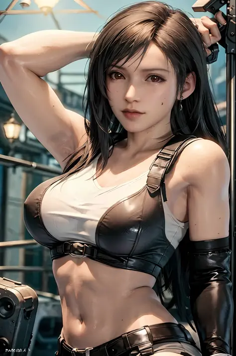 (masterpiece), (best quality), 8k resolution, ultra-detailed, hyper-detailed, realistic, photograph, photorealism, (1girl), Tifa, final fantasy, Tifa Lockhart, sun light, cinematic, cool pose, black hair, D cup, perfect body, beautiful breast,