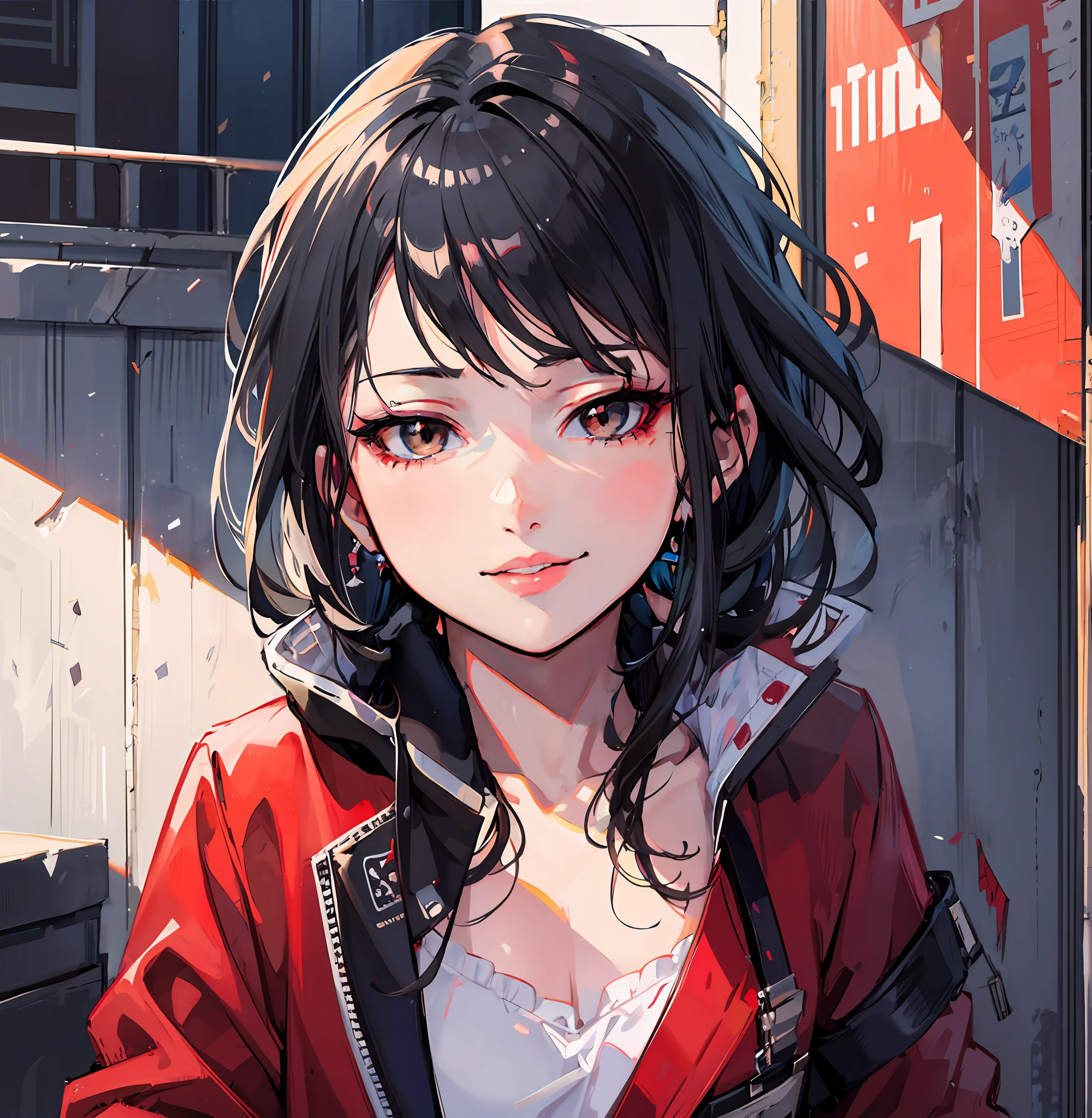 Anime game character with dark gray hair in an urban setting on Craiyon