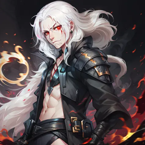 anime character white hair, red eyes, black fireball in hand, digital art, white hair, crimson red eyes, fire around, standing, ...