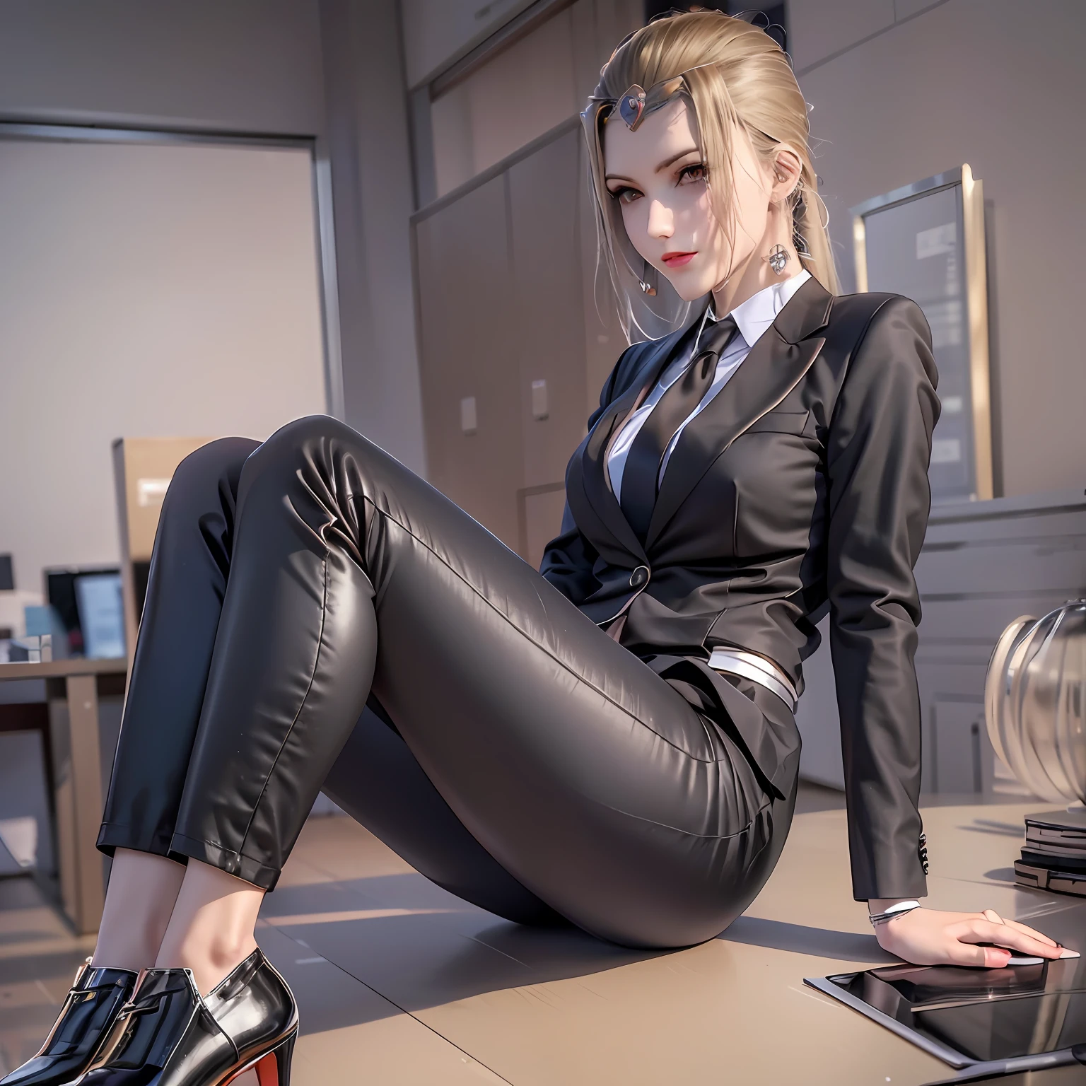 Casual pose, black stockings, shirt, women's suit, OL, black silk, black high heels, workplace high heels, black trousers, short hair, workplace trousers, office, secretary, black suit, women's suit, women's suit, white collar, pocket, black silk