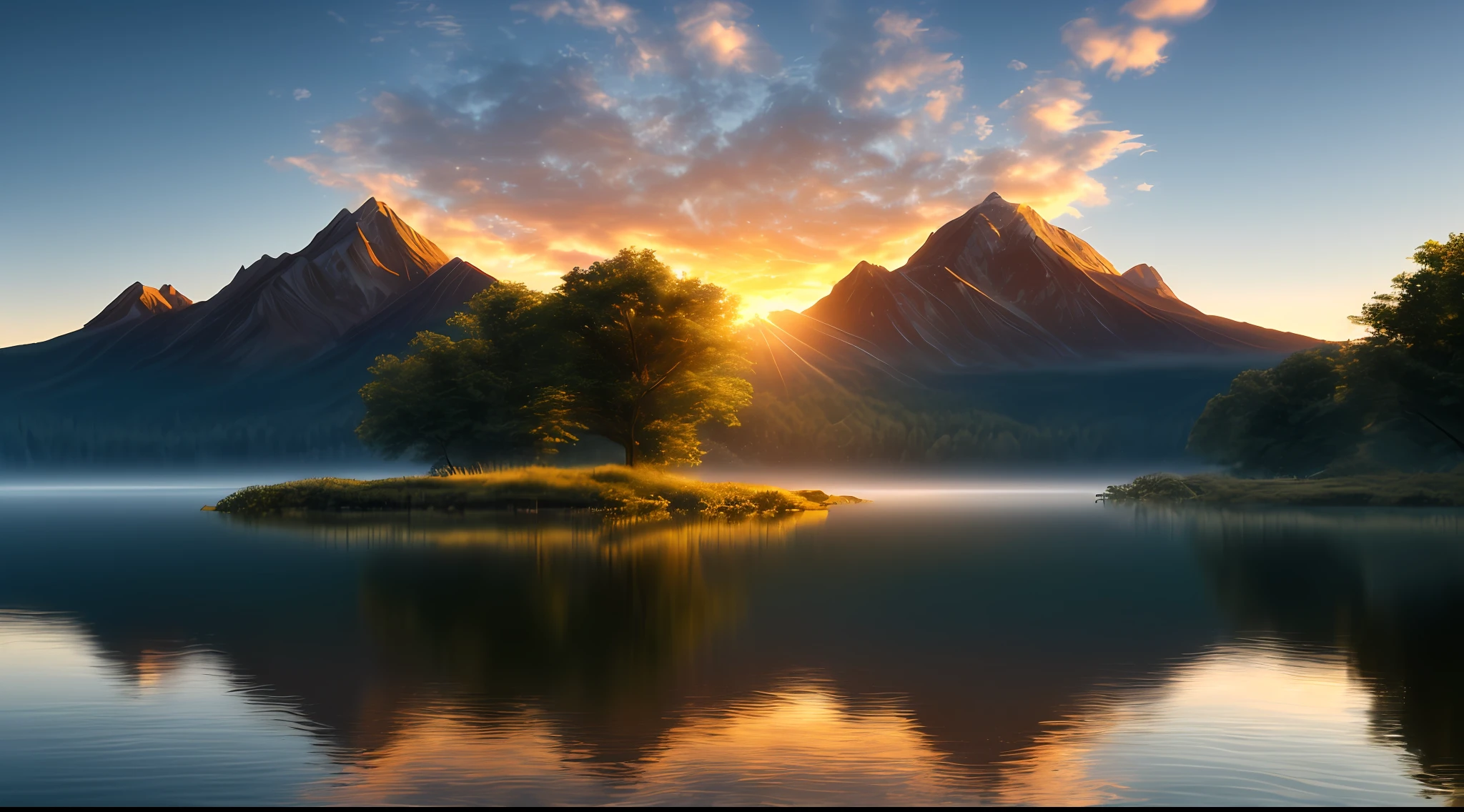 wallpaper, summer, mountain, dawn, forest, detailed forest, clouds, masterpiece, cinematics, soft light, depth of field, ray tracing, reflection in water, realism, detailed ura,