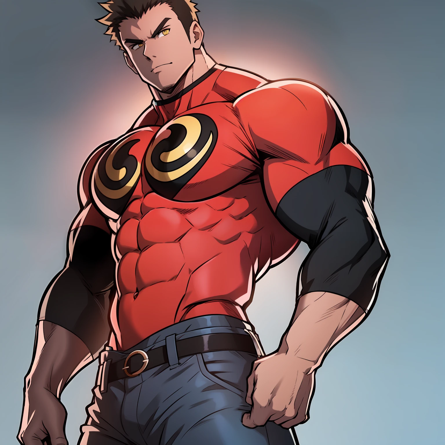 Arte estilo anime, desenho estilo anime, imagem frontal, corpo todo, personagem masculino musculoso, Protagonista, olhos amarelos, cabelo curto, cabelo com pontas, cabelo curto, caráter muscular, vestindo camisa vermelha de manga longa, mangas pretas, vestindo calças cinza, usando tênis branco. Imagem de corpo inteiro, imagem frontal, Protagonista character, personagem heróico, postura intimidante, caráter muscular, corpo de fisiculturista, imagem frontal, corpo todo image, Apenas uma persongem, caráter muscular!!