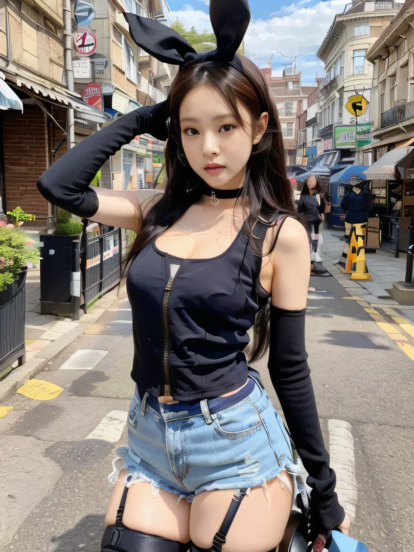 Kim Ji-ni Jennie face, wearing a rabbit headband, wearing a slim blue shirt, open waist, short motorcycle vest cleavage, tight s...