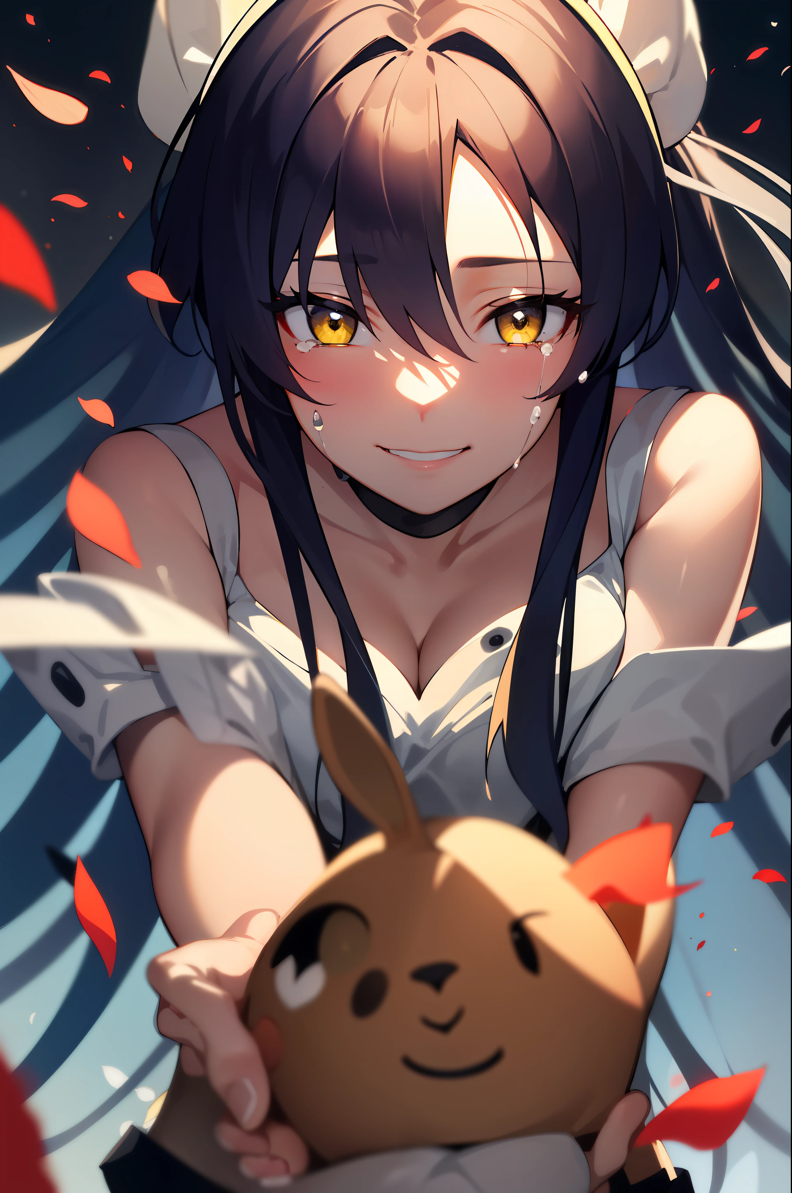 (masterpiece), (best quality),highres, ultra detailed, professional lighting, black hair, yellow eyes, bunny outfit, front view, tearful eyes, smile, tilted head, eyes focused on viewer, falling petals, upper body, shaded eyes, esdeath