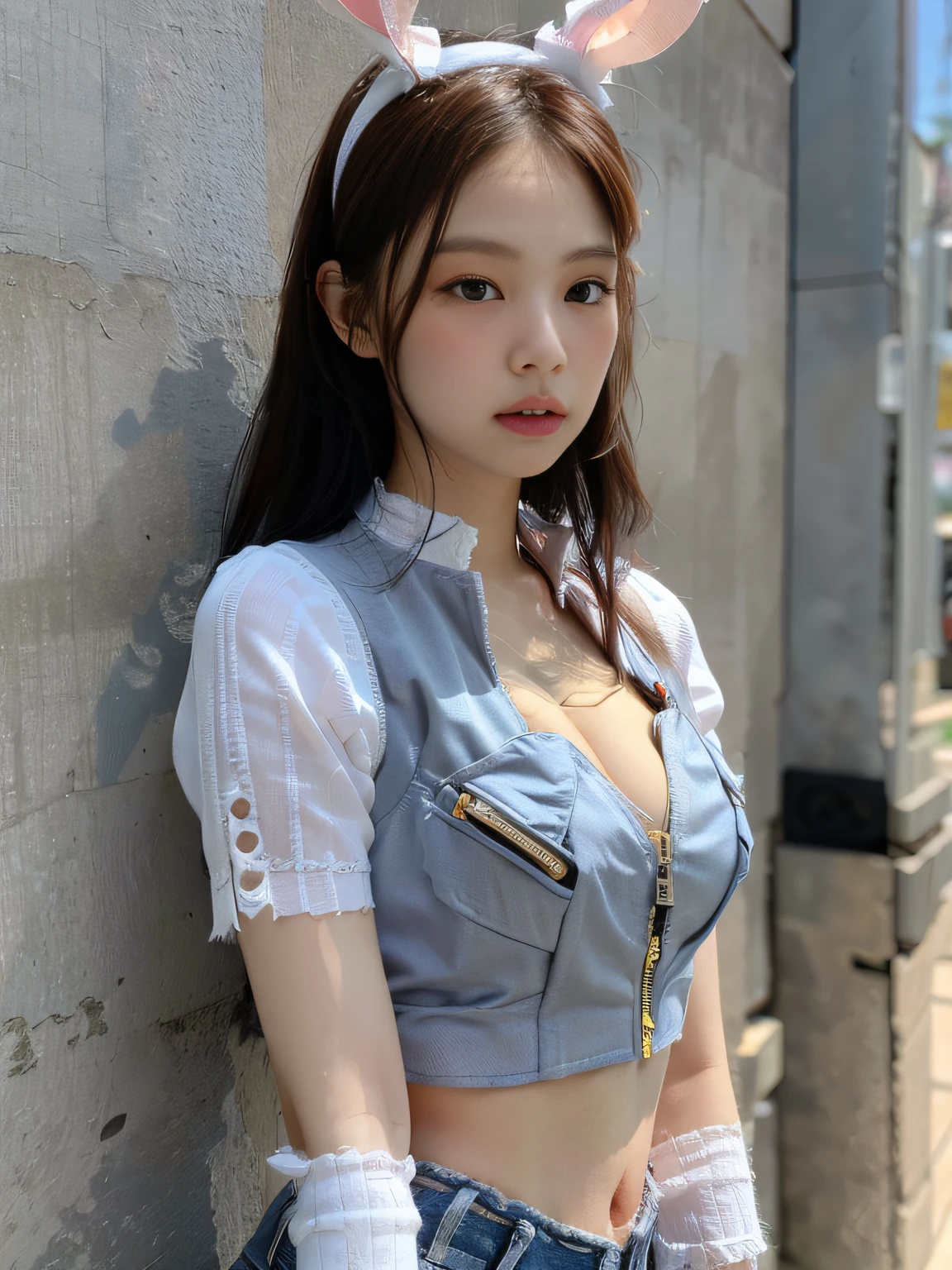 Kim Ji-ni visage de Jennie, porter un bandeau en lapin, porter une chemise bleue cintrée, Taille ouverte, gilet de moto court décolleté, short serré, gants, Mur gris de fond, fort contraste, la lumière du soleil sur le visage