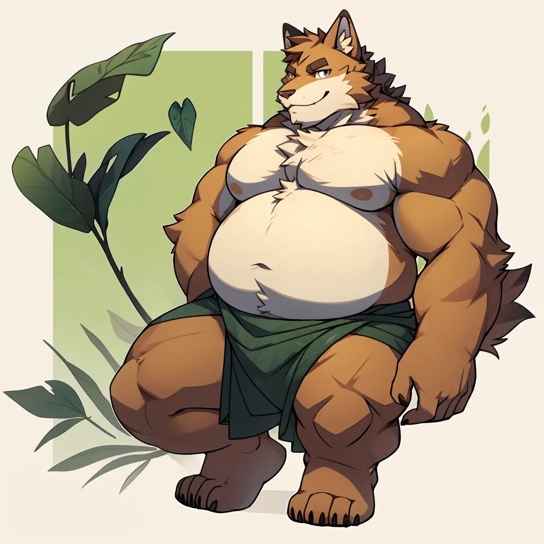 Furry boy fat wears a fig leaf