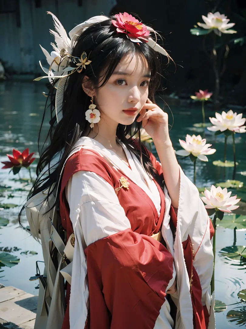 zanhua, Best quality, masterpiece, 1 girl, holding flower, red flower on head, wearing hanfu, in red and white, looking at viewe...