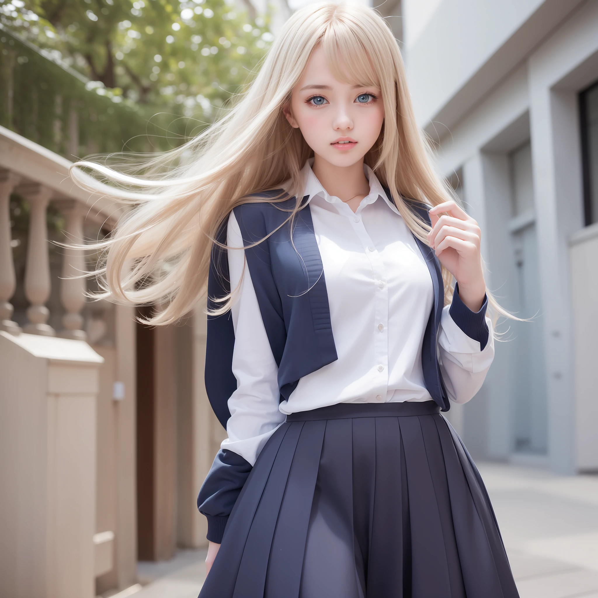 Single girl, school uniform, blue sky, bright and very beautiful face, white and shiny smooth young shiny skin, best good looks, beautiful platinum blonde super long silky straight hair with shining sheen, long bangs swaying, tremendously beautiful 17 years old, shining transparent light blue big eyes, beautiful nice nice european beautiful girl