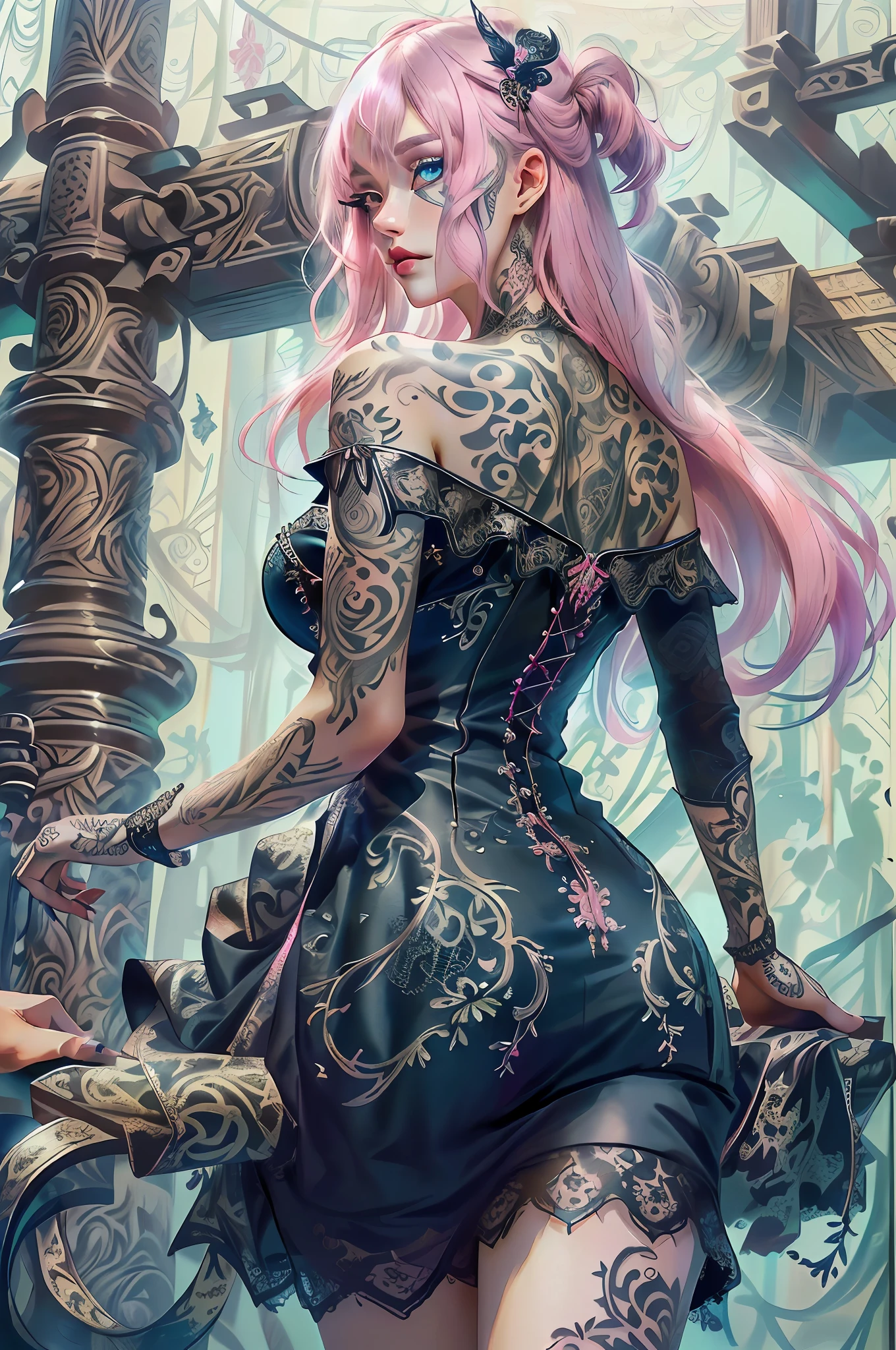 komplexe Details, schöne und zarte Augen, PastelGothAI dress, PastelGothAI-Hintergrund, Weg von der Schulter, Tätowierung, irezumi, Ultrarealistische 8K-CG, Meisterwerk, ((ultra-detaillierter Hintergrund, zartes Muster, komplizierte Details)), beste Qualität, komplizierte Details, 1 Mädchen, Allein, lange Haare, Zerzaustes Haar, hinterrücks