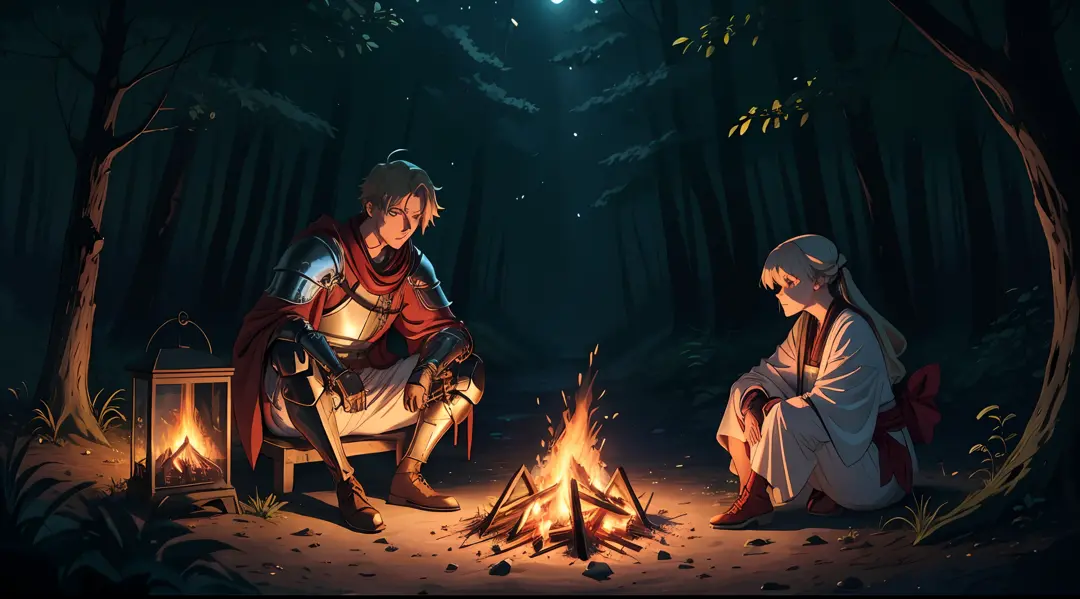 a male Knight and a female white mage rest near a bonfire in a dark forest at night with some firefly flying around, glowing lig...