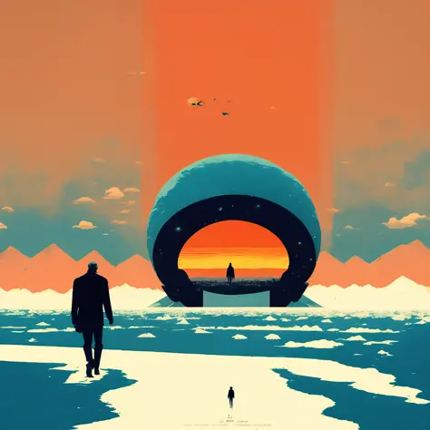 a man walking across a snow covered field next to a giant object in the sky by Olly Moss
