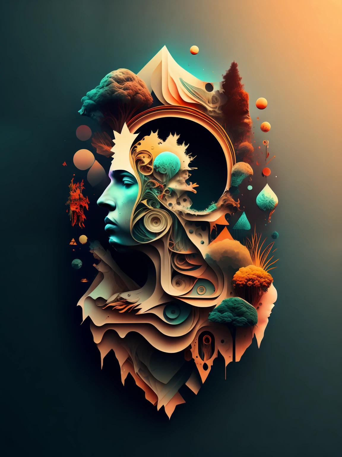 стилизованное изображение головы человека с множеством разных вещей в ней