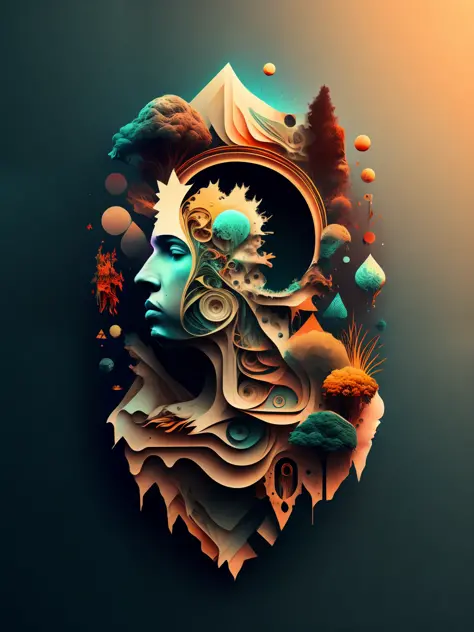 a stylized image of a person's head with a lot of different things in it