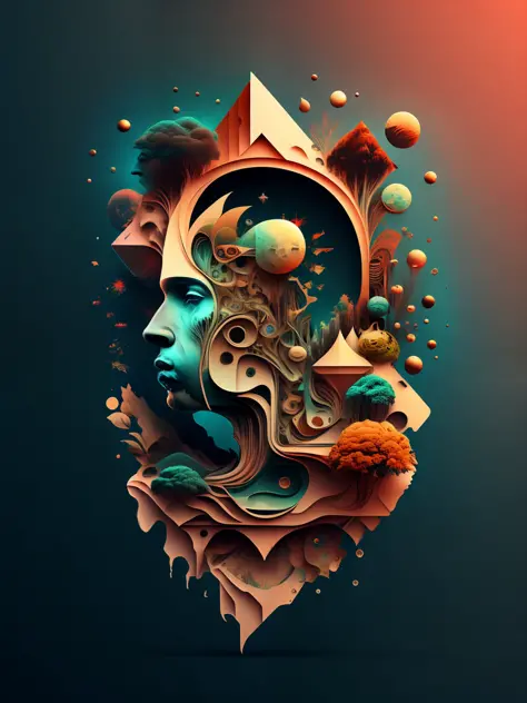 a stylized image of a person's head with a lot of different things in it