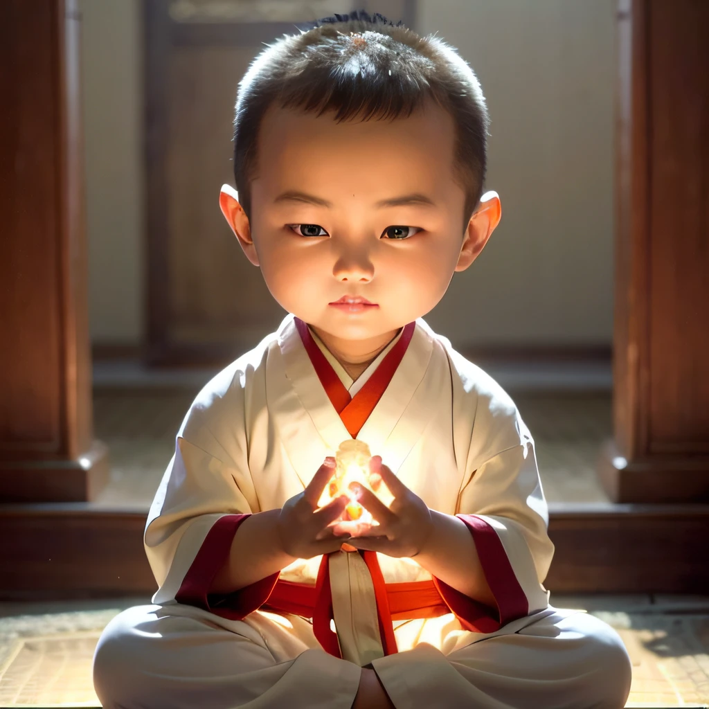 menino asiático arafiado de manto branco sentado no chão com uma luz nas mãos, budista, foto de retrato, iluminado em uma luz do amanhecer, orando meditando, em um templo, iluminação, ele está lançando um feitiço de iluminação, Padre taoísta, Iluminado, segurando uma lanterna, monge meditar, budista monk, spiritual iluminação, Principiante, garotinho, expressão serena