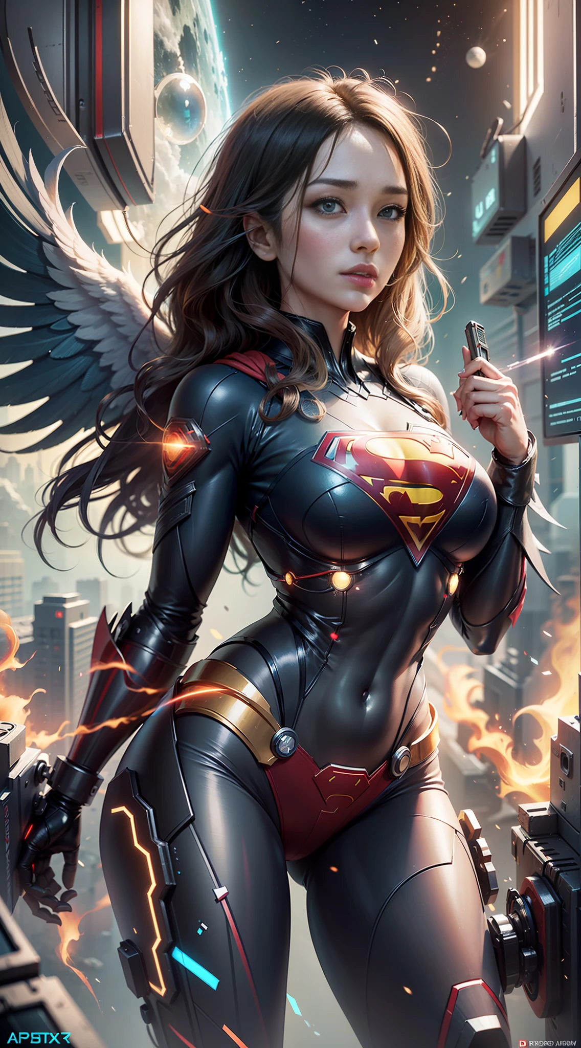 ((Best quality)), ((Supergirl's masterpiece)), (highly detailed:1.3), 3D, beautiful, (cyberpunk:1.2), in space, nebulous, holding_weapon, laser, (1Female Mecha:1.3), sexy body, facing the audience, bright blue eyes, full body, blonde, (flying, descending, dynamic, motion blur: 1.4), (huge wings of wicks: 1.6), looking up, glowing_eyes, mecha, panorama, background is earth,  nebula, space, particles, Reality, HDR (High Dynamic Range), Ray Tracing, NVIDIA RTX, Super Resolution, Unreal 5, Subsurface Scattering, PBR Textures, Post-Processing, Anisotropic Filtering, Depth of Field, Maximum Clarity and Clarity, Multilayer Textures, Albedo and Specular Maps, Surface Shading, Accurate Simulation of Light-Material Interaction, Perfect Proportions, Octane Render, Two-Tone Lighting, Large Aperture, Low ISO,  white balance, rule of thirds, 8K RAW, efficient sub-pixel, sub-pixel volume product, (best quality), (Japanese: 0.5), (Korean: 0.8), (Liu Yi Fei: 1.5) long hair, (big chest: 1.2) wearing superman's S on the chest. --auto --s2