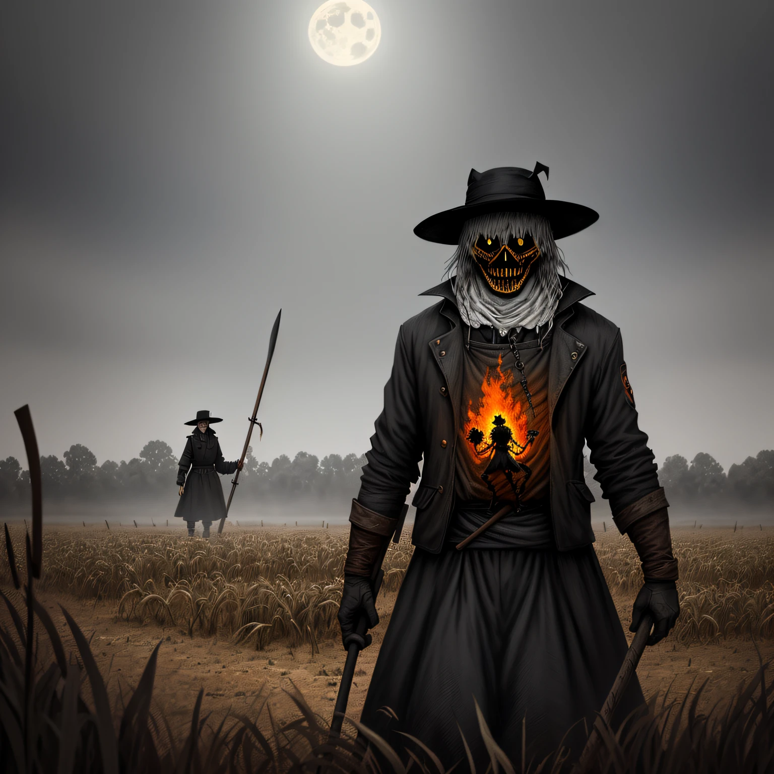In the middle of a vast plantation of pumpkins, stands an imposing scarecrow. His body made of straw, dressed in old clothes and colorful patches, is standing on a wooden stake driven into the ground. His face is a wooden mask with grotesque features, painted in shades of weather-worn brown.

The stormy sky serves as the backdrop for this scene. Dark, charged clouds cover the entire horizon, heralding the arrival of an impending storm. The rays cut through the sky, illuminating the pumpkin plantation in fleeting moments.

In the air, a flock of crows flies in circles around the scarecrow. Its black feathers contrast with the gray sky, giving an even more sinister air to the scene. The crows grunt loudly and dive occasionally toward the scarecrow, only to dodge at the last moment, as if testing their mettle.

The pumpkins are scattered in rows ordered by the field, all of different sizes and at different stages of growth. Their vivid and vibrant colors contrast with the gloomy environment that surrounds them. Some of them have carved faces, creating a frightening atmosphere, while others are intact, waiting to be harvested.

This combination of elements creates a fascinating image: a lone scarecrow in the middle of a pumpkin plantation, surrounded by crows flying in a stormy sky. It is a mixture of beauty and melancholy, a visual representation of autumn, the passage of time and the imminence of the unknown. --auto