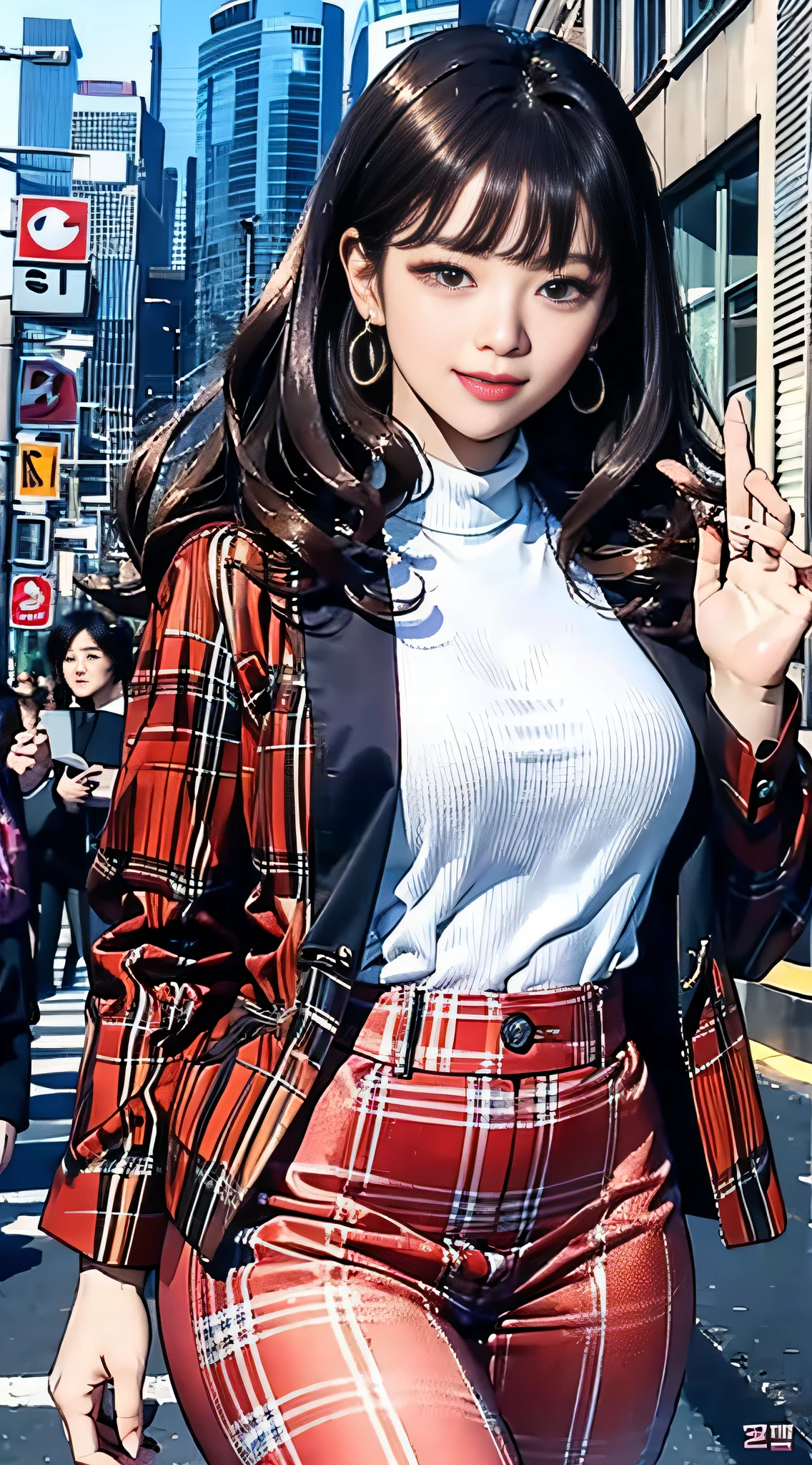 (masterpiece, best quality), beautiful woman, printed cropped turtleneck shirt, jacket, jeans, wavy hair, asymmetrical bangs, waving at the viewer, perfect face, beautiful face, alluring, big gorgeous eyes, soft smile, perfect slim fit body, city streets, (outdoor), seoul, bright colors