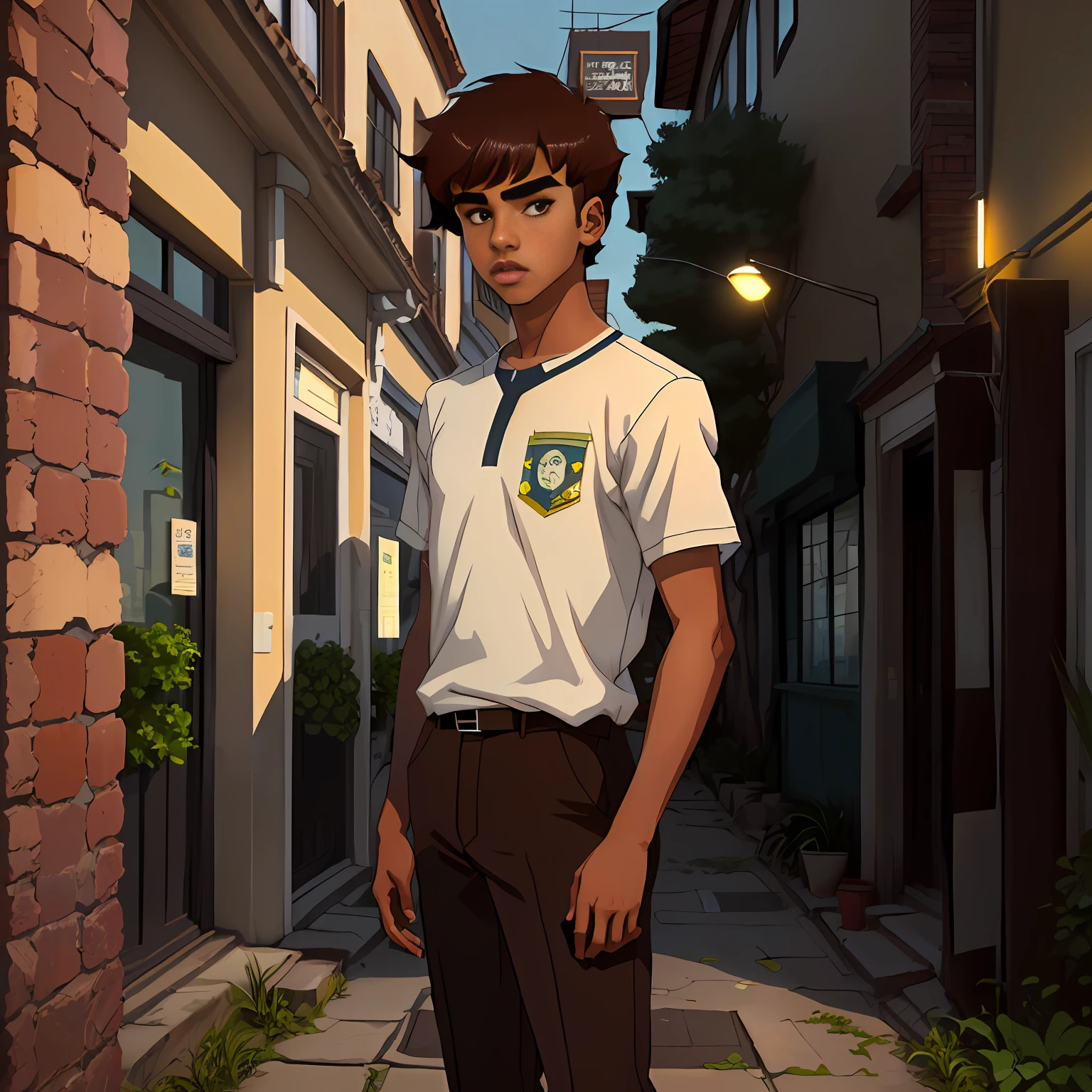 Anime character standing in alley with building in background - SeaArt AI